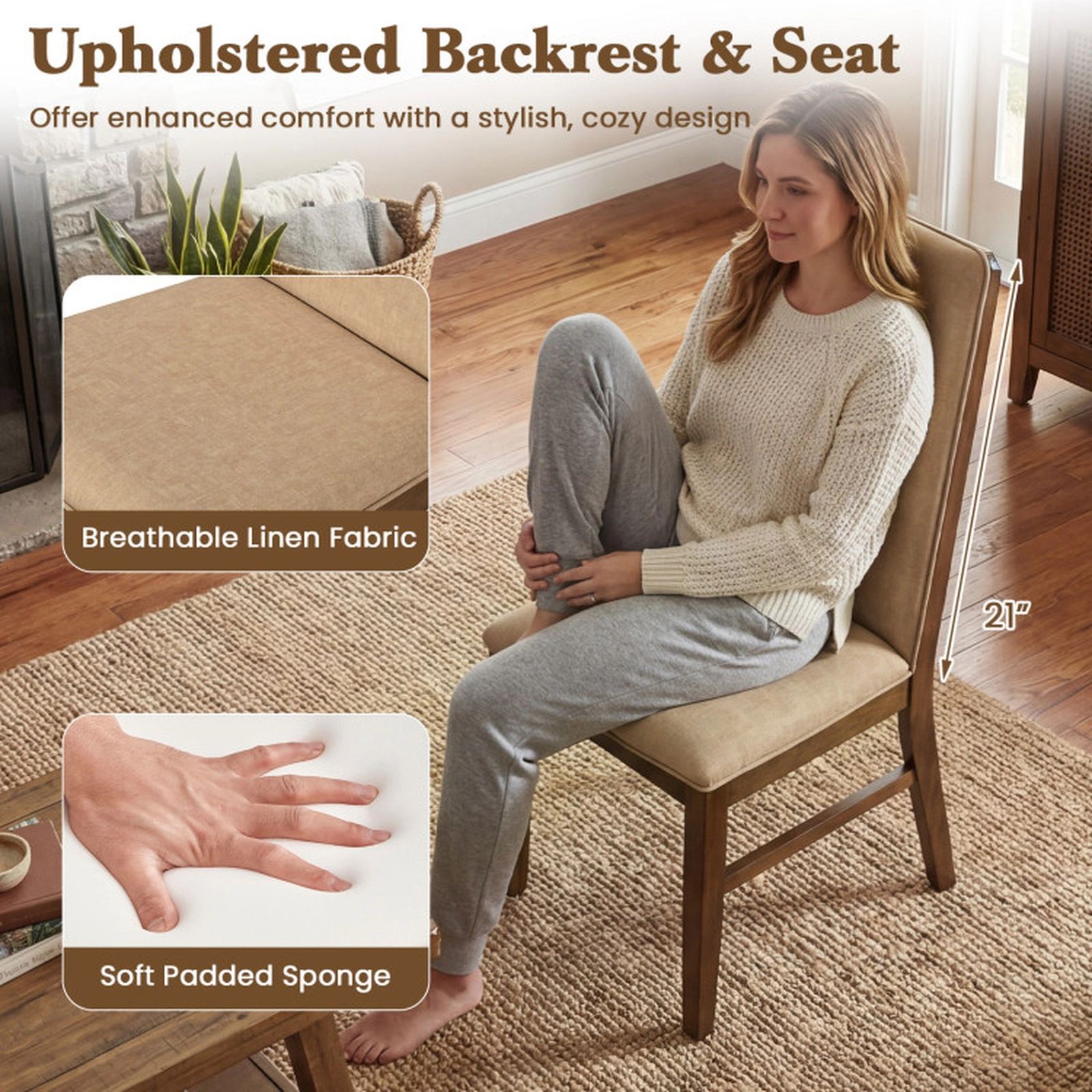 SUGIFT Set of 4 Brown Upholstered High Back Dining Chairs with Linen Seat 23.5-in W 38-in H 330-lb Per Chair