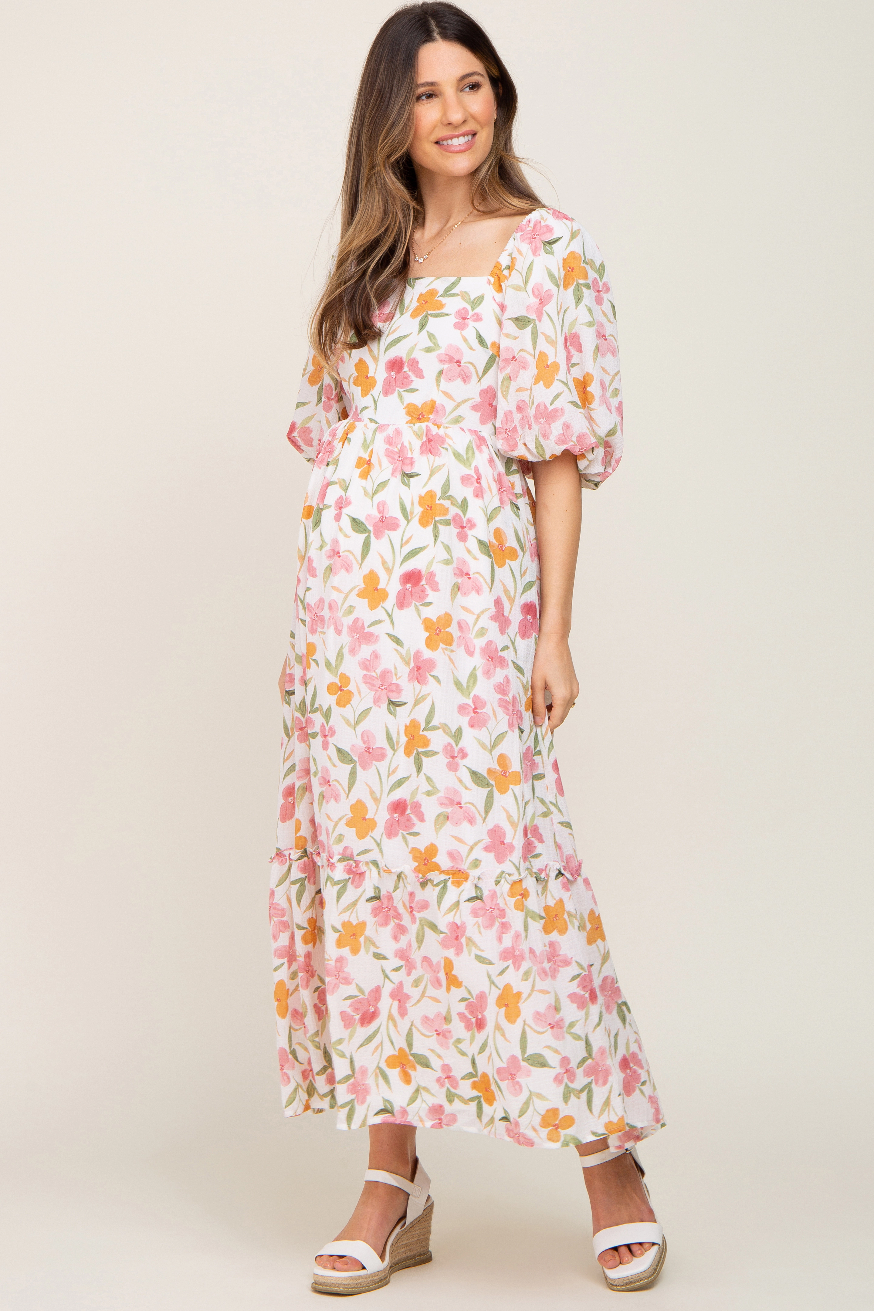 PinkBlush Womens White Floral Puff Sleeve Maternity Maxi Dress