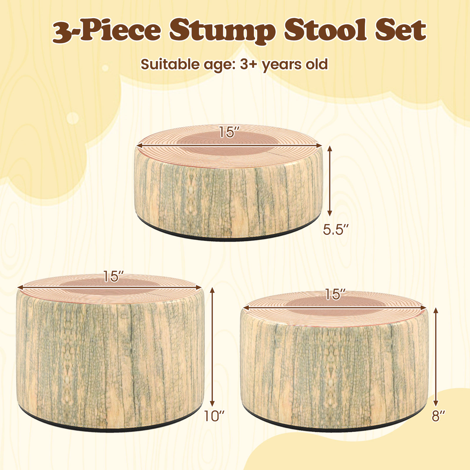 SUGIFT Wood Grain Print PU Leather 3-Piece Kids Tree Stump Stool Set