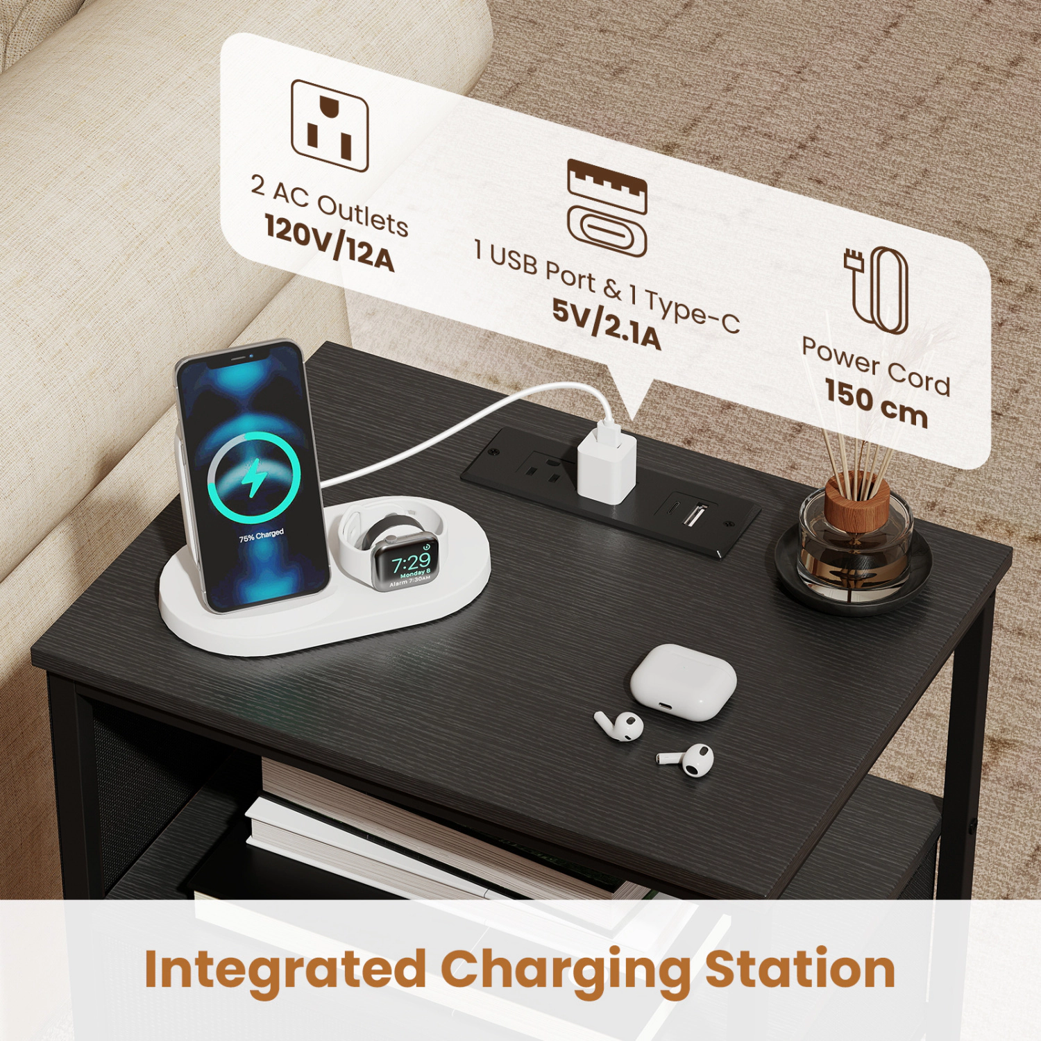 Hivvago Nightstand with Charging Station 24.5 inch Modern Bedside Table Fabric Drawer