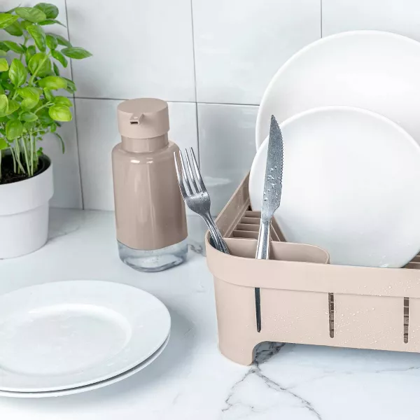 OU Dish Drying Rack for Kitchen Counter, Freestanding Plastic Strainer with Utensil Holder, Compact Drain