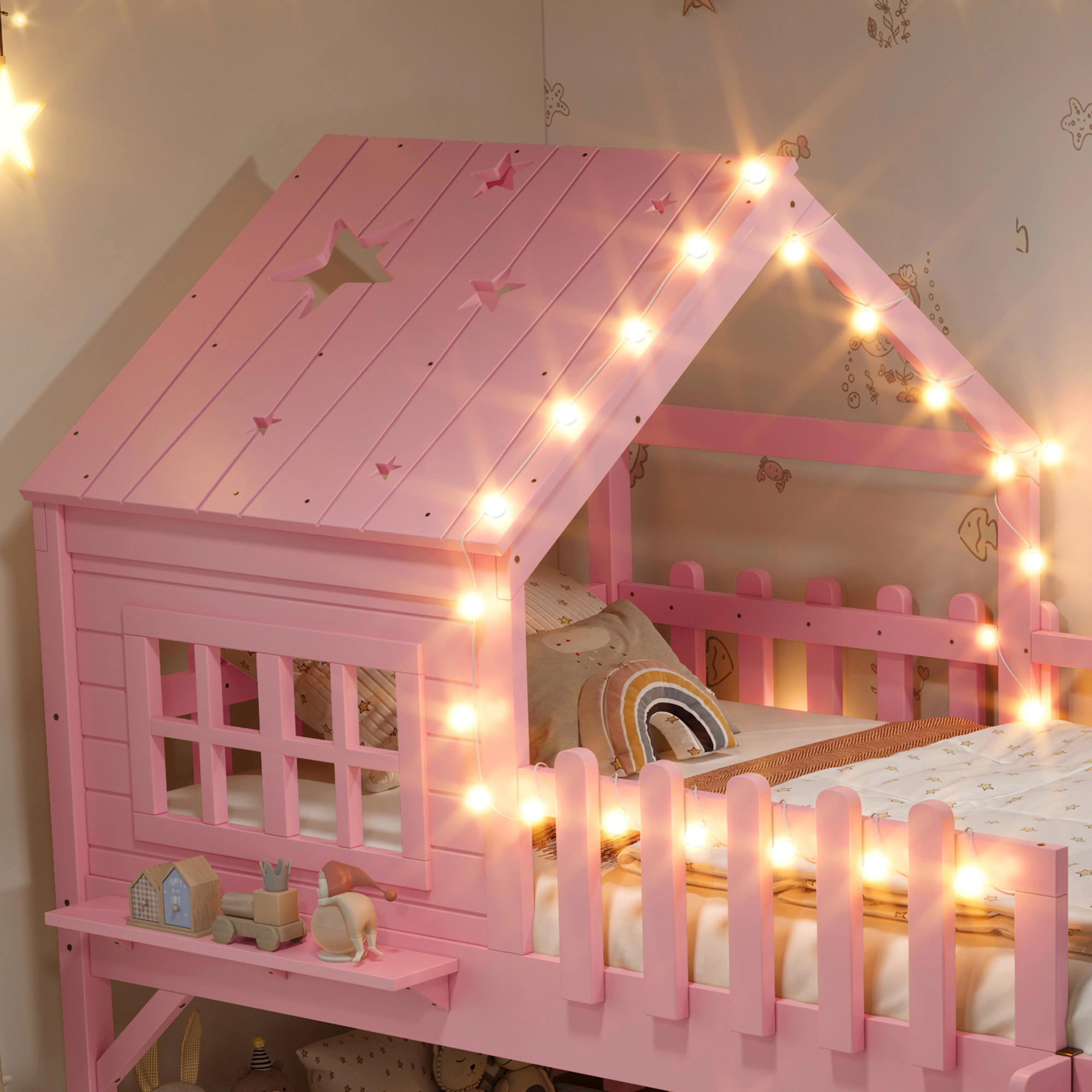Flynama Twin House Loft Bed with Slide, LED Lights & Window, Pink Kids Playhouse