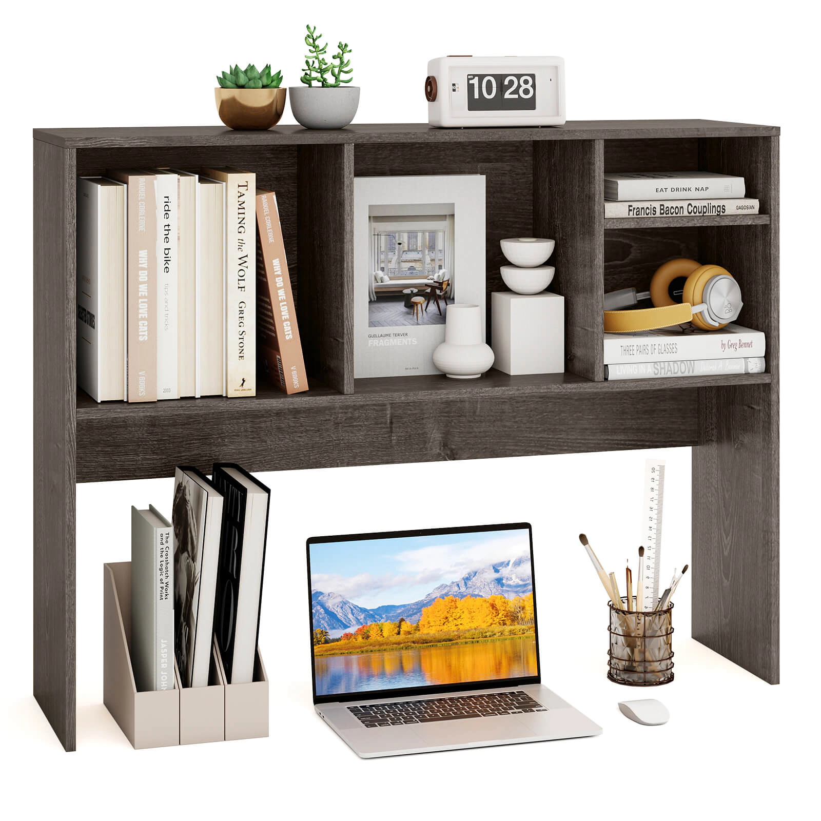 Costway Computer Desktop Bookcase Countertop Storage Bookshelf Organizer with 4 Cubbies Walnut