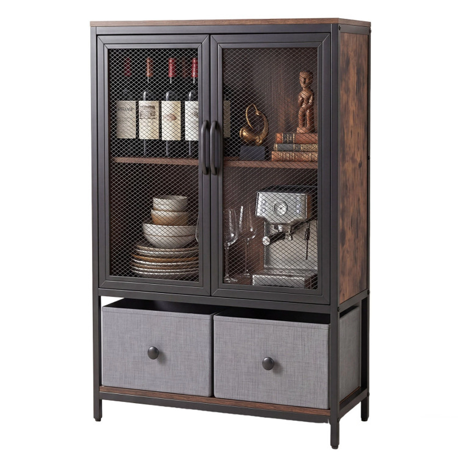 SUGIFT Industrial Coffee Bar Cabinet 2-Tier Storage Compartment 198.5-lb Total Capacity Rustic Brown & Black with Gray