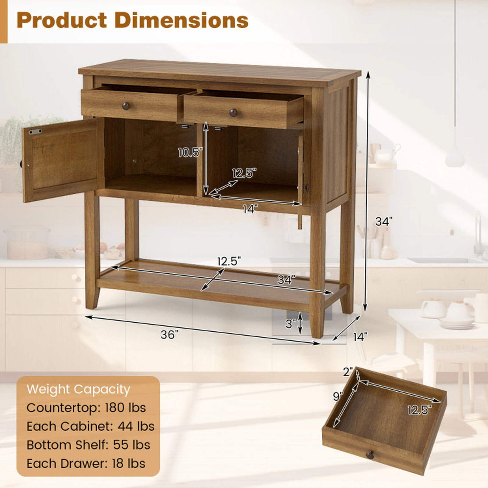 SUGIFT 36-in Walnut Mid-Century Coffee Bar Buffet Sideboard Console Table with 2 Drawers and 2 Cabinets
