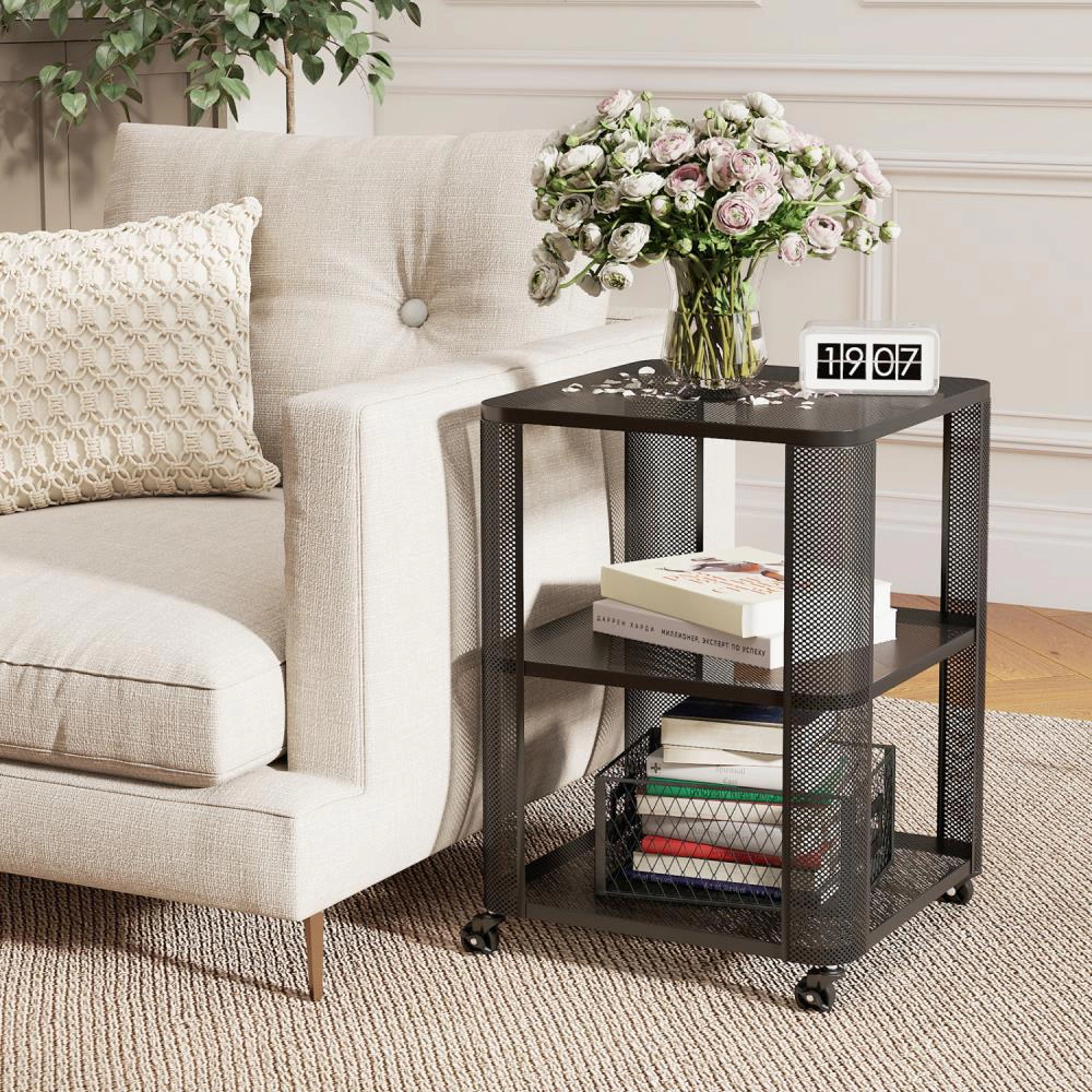 Hivvago 3-Tier End Table With Wheels Rolling Side Open Storage Shelves - Set Of 2