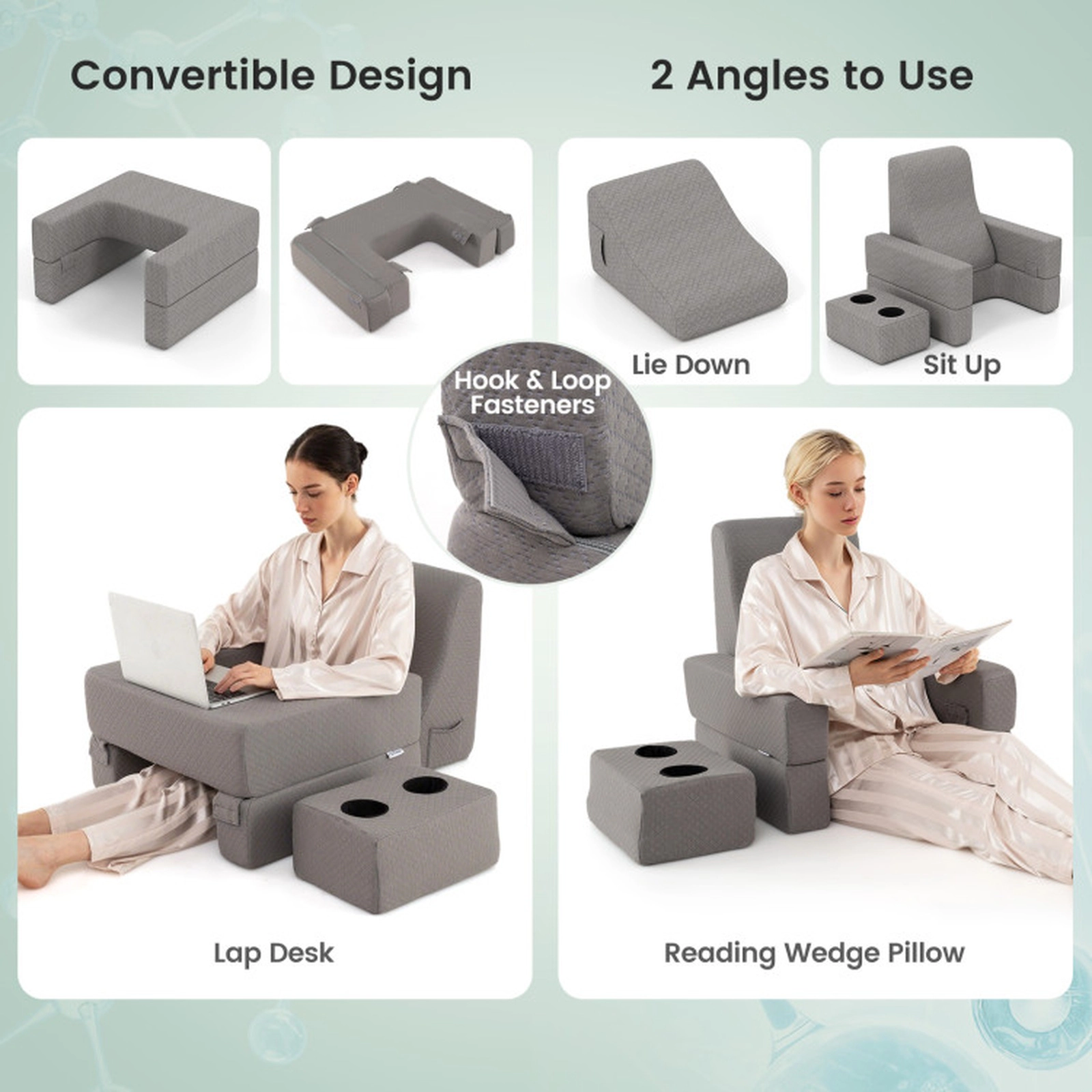 SUGIFT 3-Piece Ergonomic Reading Pillow Set Back Pillow Lap Desk Coaster 23 x 21.5 x 12-in 14.5 x 11 x 18.5-in Gray