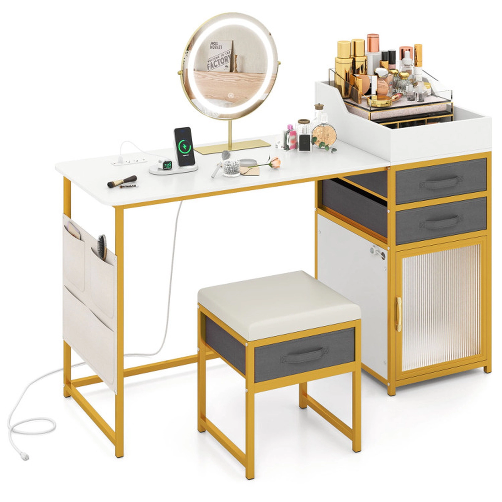SUGIFT 360 Degree Rotatable Lighted Mirror Charging Station and Stool 55 Inch Vanity Desk