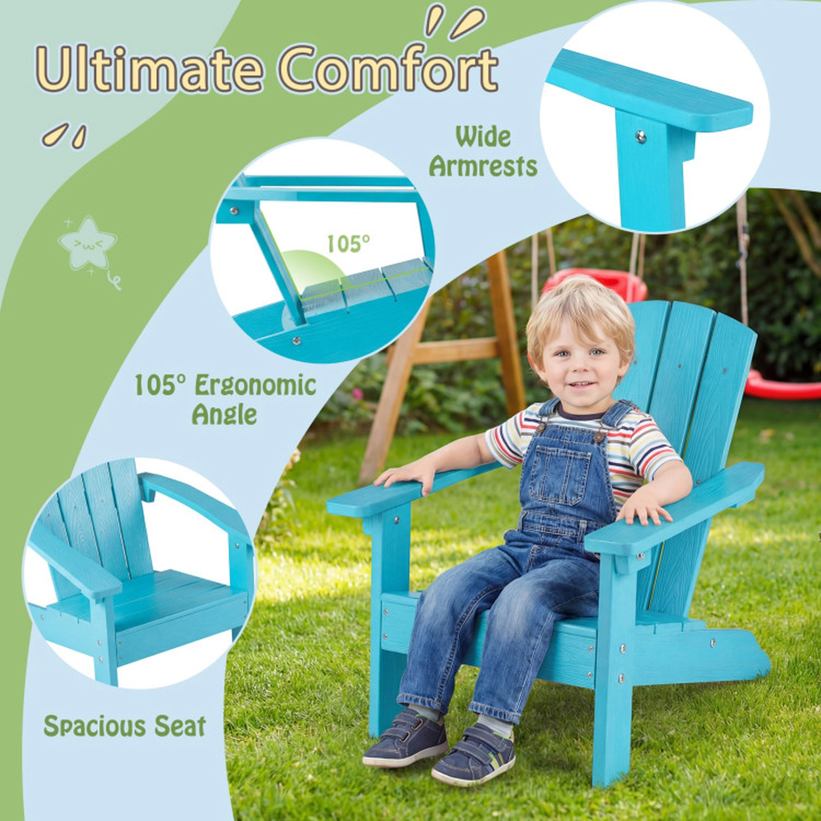 SUGIFT Turquoise HIPS Kids Adirondack Chair with High Backrest and Wide Armrests 22-in W 20-in D 22-in H