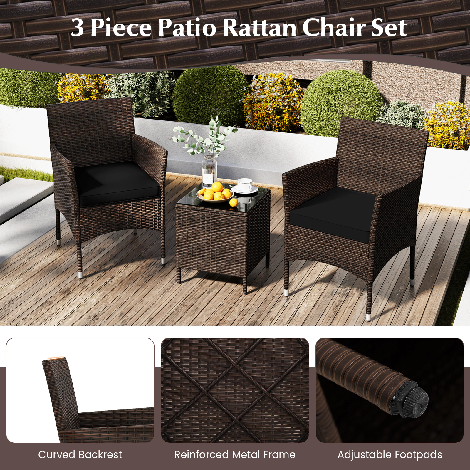 SUGIFT 3-Piece Brown PE Rattan Patio Conversation Set with Cushions and Tempered Glass Table