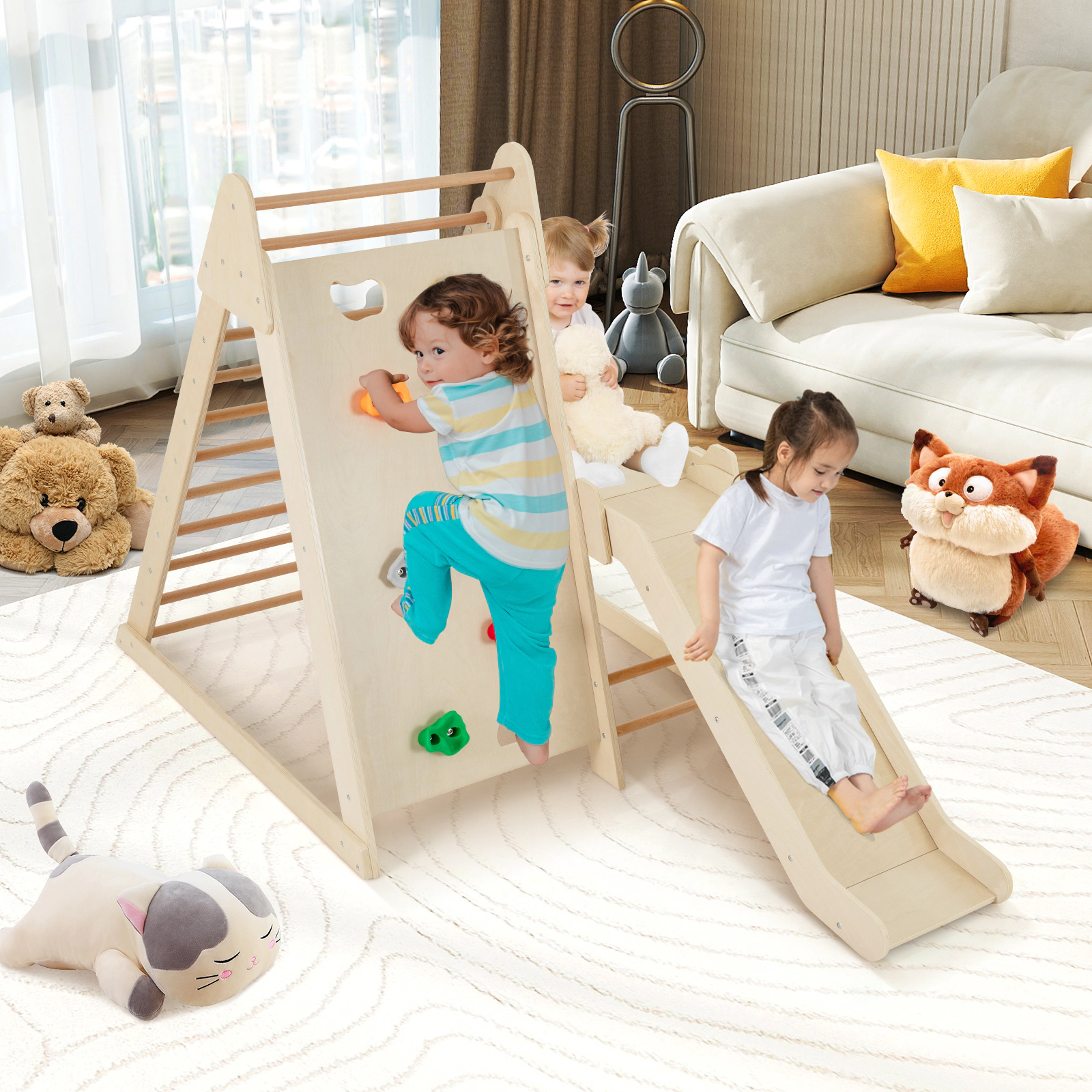 SUGIFT Natural Extended Slide 3 in 1 Toddler Indoor Playground Jungle Gym