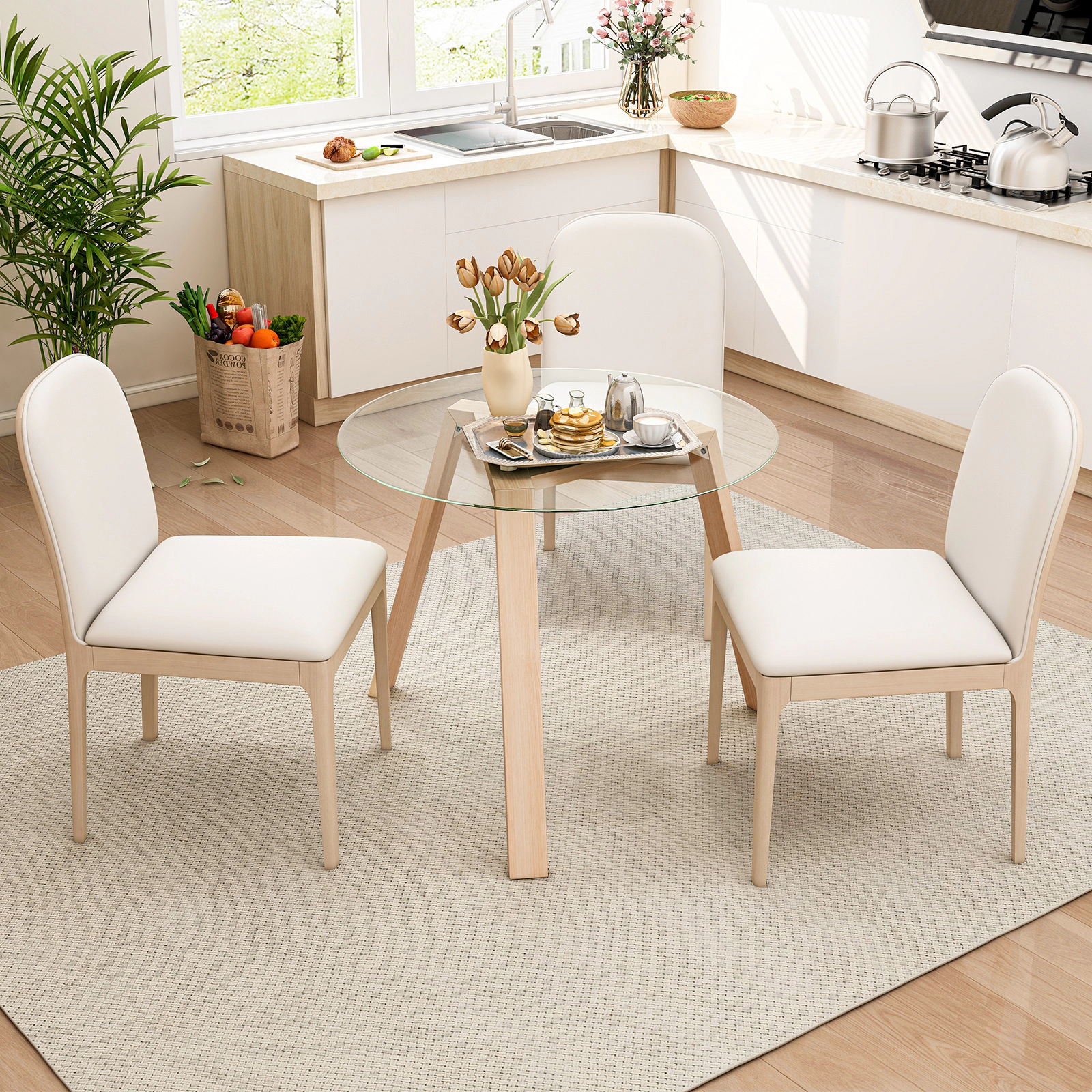 LJG 36 Inches Round Glass Dining Table for 4 with Rubber Wood Frame