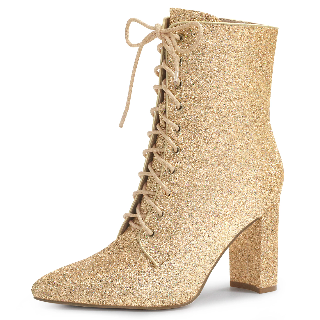 BLISSFUL STEP Women Glitter Pointed Toe Block Heel Halloween Ankle Boots