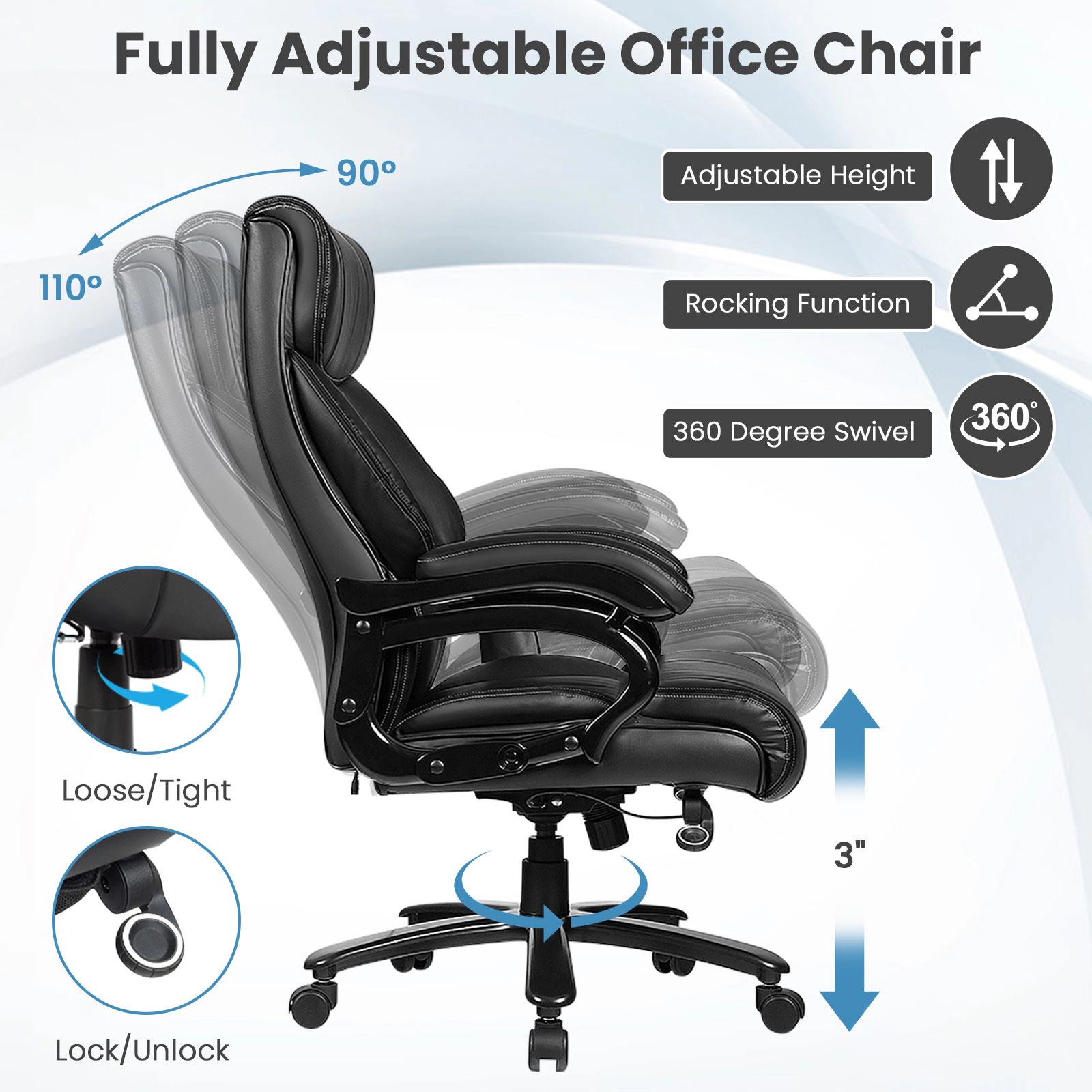 SUGIFT Big and Tall Reclining Massage Office Chair, 400-lb Capacity, Black Faux Leather