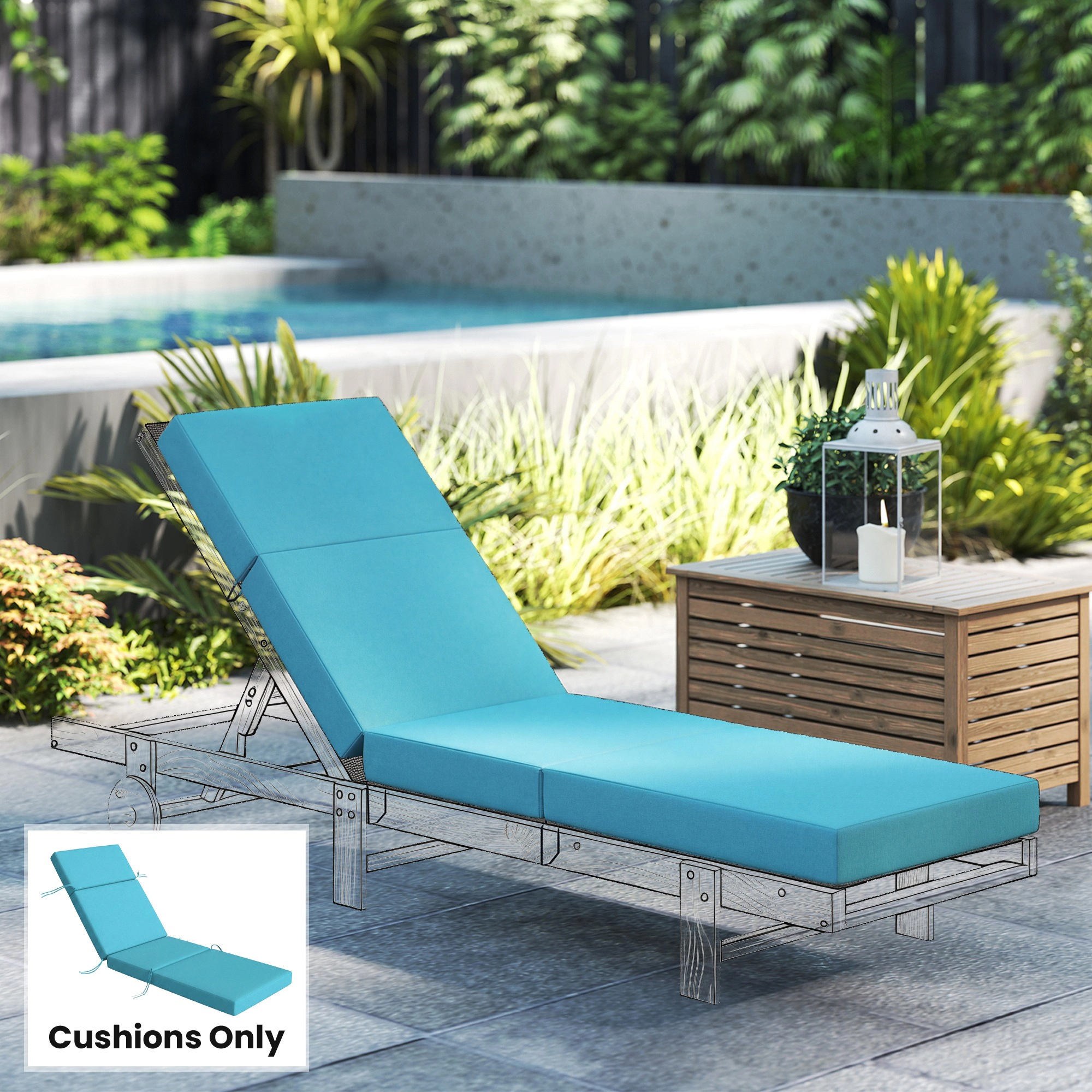 HONGGE Chaise Lounge Cushion, 4" High-Density Foam Pad with Ties, Fits 21" x 72" Outdoor Chairs