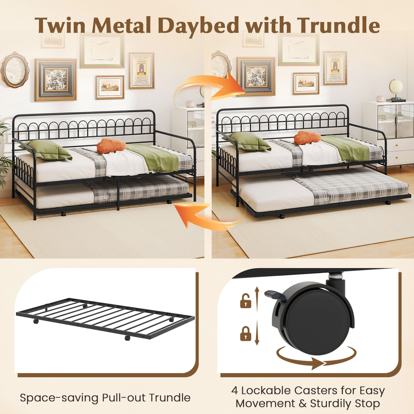 SUGIFT Black Curved Backrest Armrests and Roll-Out Trundle Twin Metal Daybed