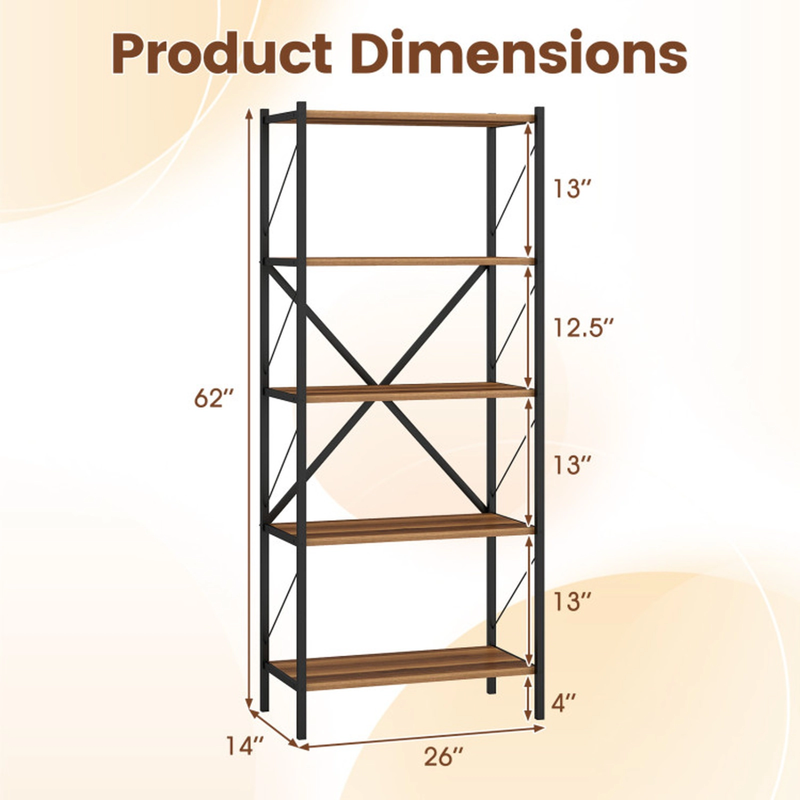 SUGIFT Walnut 5-Tier Tall Industrial Bookcase 62 in with Heavy-Duty Metal Frame