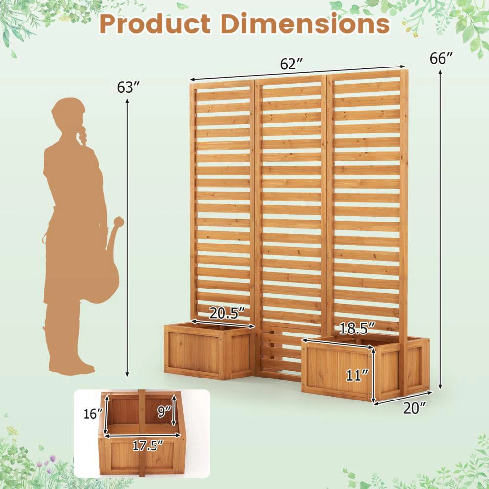 Hivvago 3-Panel Solid Wood Frame Freestanding Garden Fence with 2 Self-Draining Planter Boxes