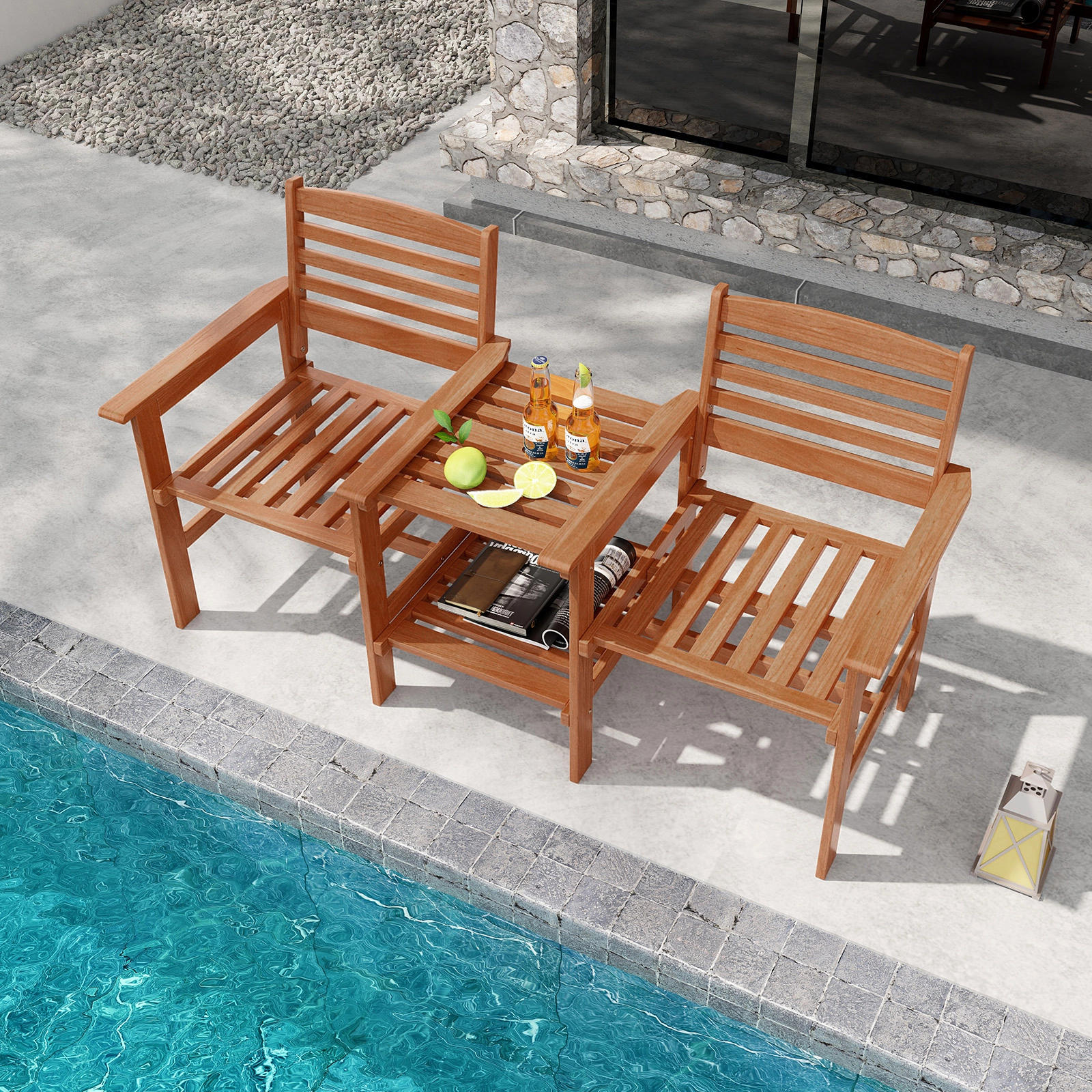 SUGIFT Natural Wood 2-Seat Patio Conversation Set with Umbrella Hole 62.5-in W 24-in D 265-lb Chair Capacity
