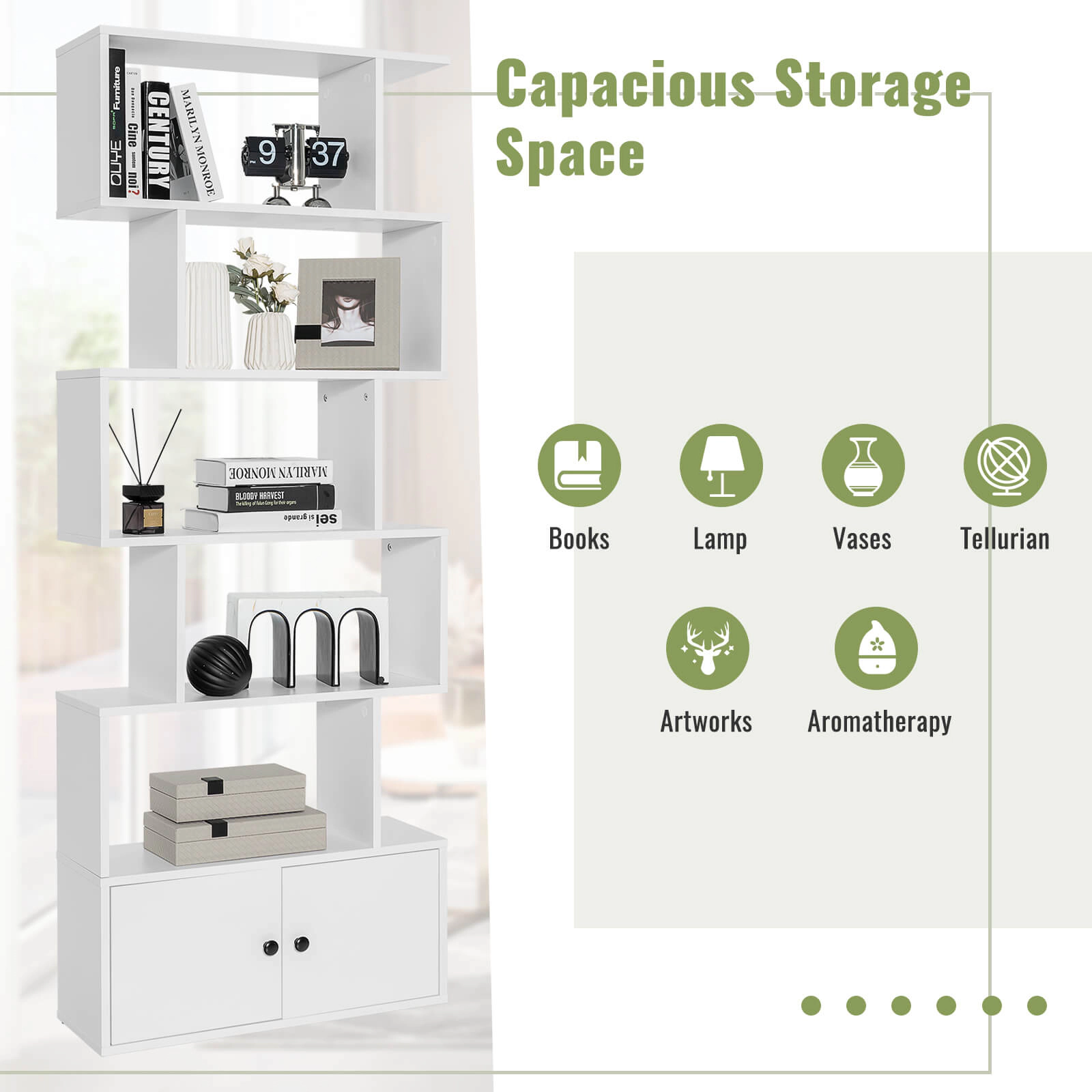 SUGIFT White 6-Tier S-Shaped Freestanding Bookshelf with Cabinet and Doors