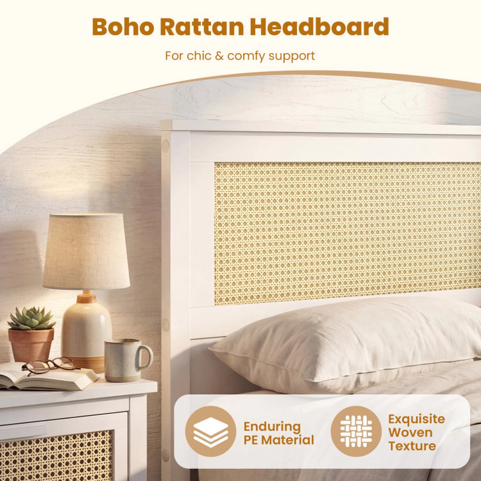 SUGIFT Twin Size Rattan Bed Frame with 2 Storage Drawers 350-lb Bed Capacity 50-lb Drawer Capacity 79-in Frame White