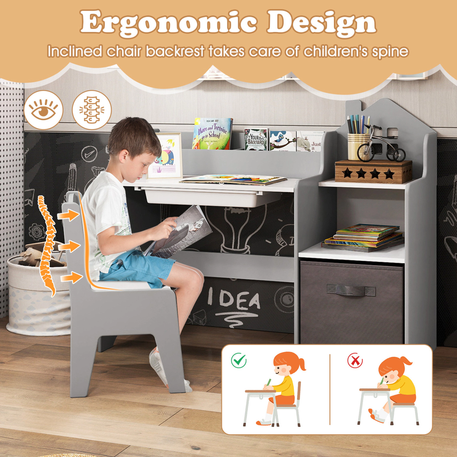 Hivvago Kids Study Desk And Chair Set With Open Shelves Drawer Fabric Storage Bin