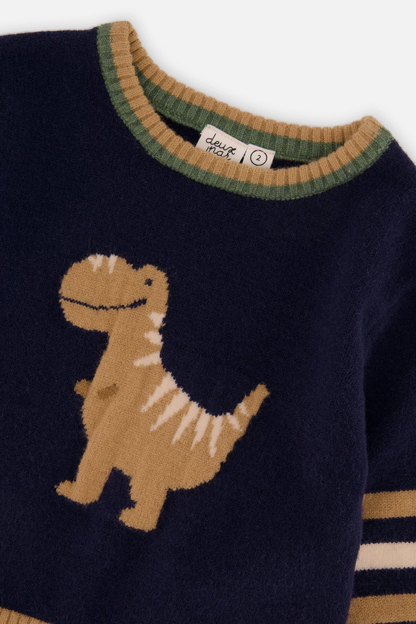 Deux par Boys Knit Crewneck Sweater with Dino Intarsia and Striped Ribbed Trim