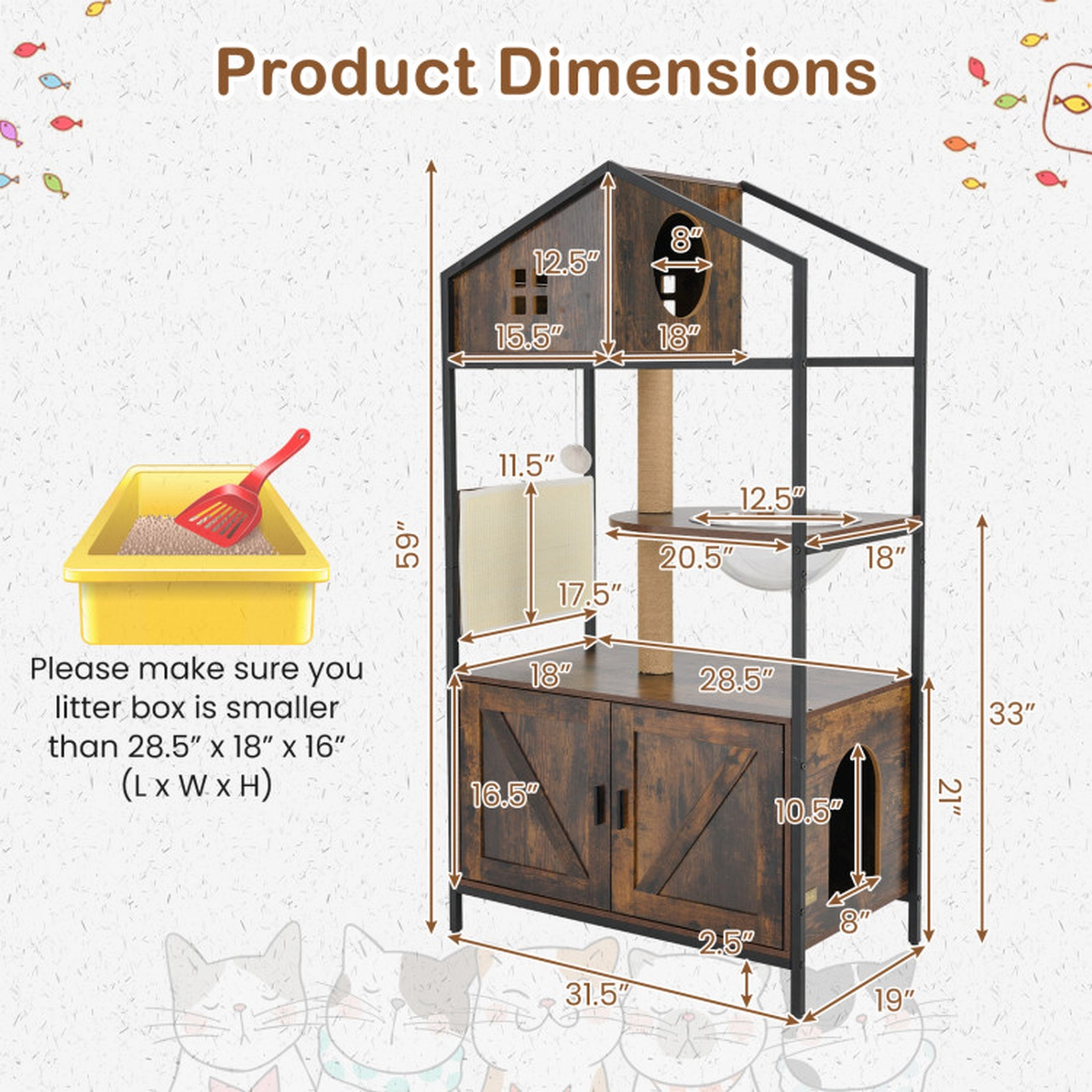 SUGIFT Rustic Brown Cat Tree with Litter Box Enclosure and Industrial Metal Frame