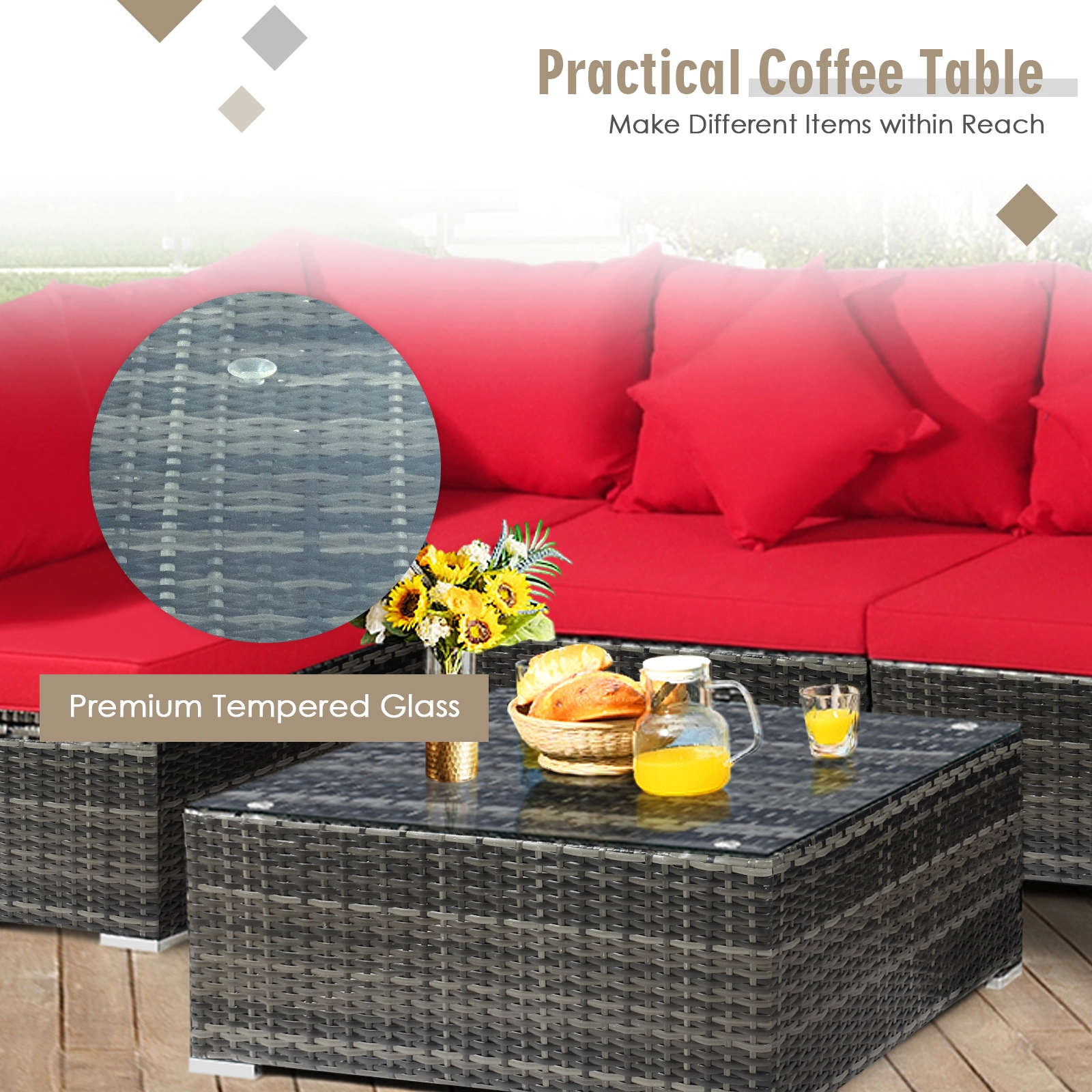 LJG 7 Pieces Patio Rattan Furniture Set Sectional Sofa Garden Cushion