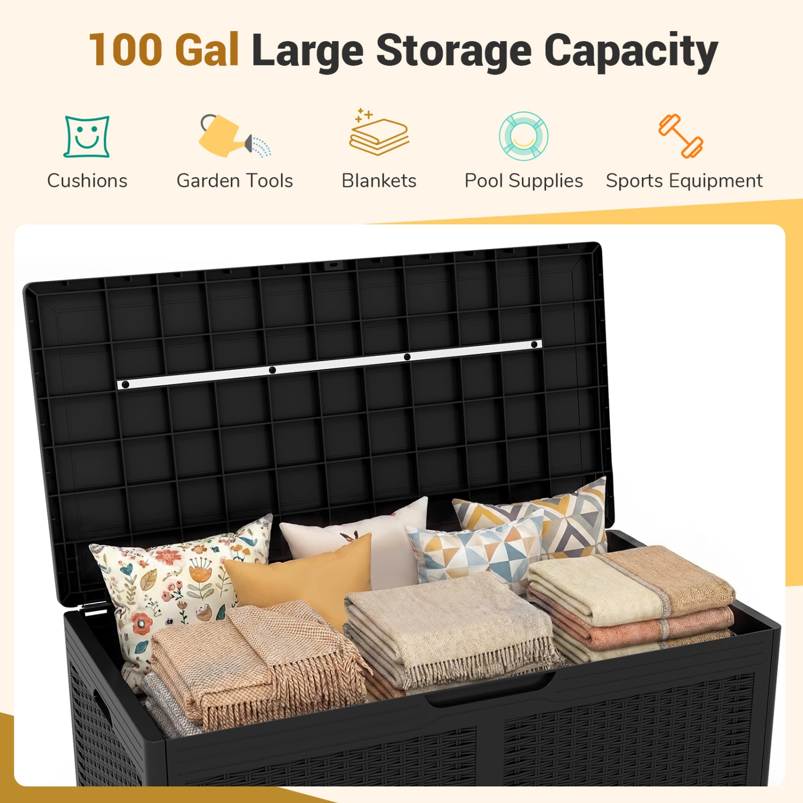 SUGIFT 100-Gallon Resin Deck Storage Box Waterproof Outdoor Bench 440-lb Lid Capacity 24-in Tall Black