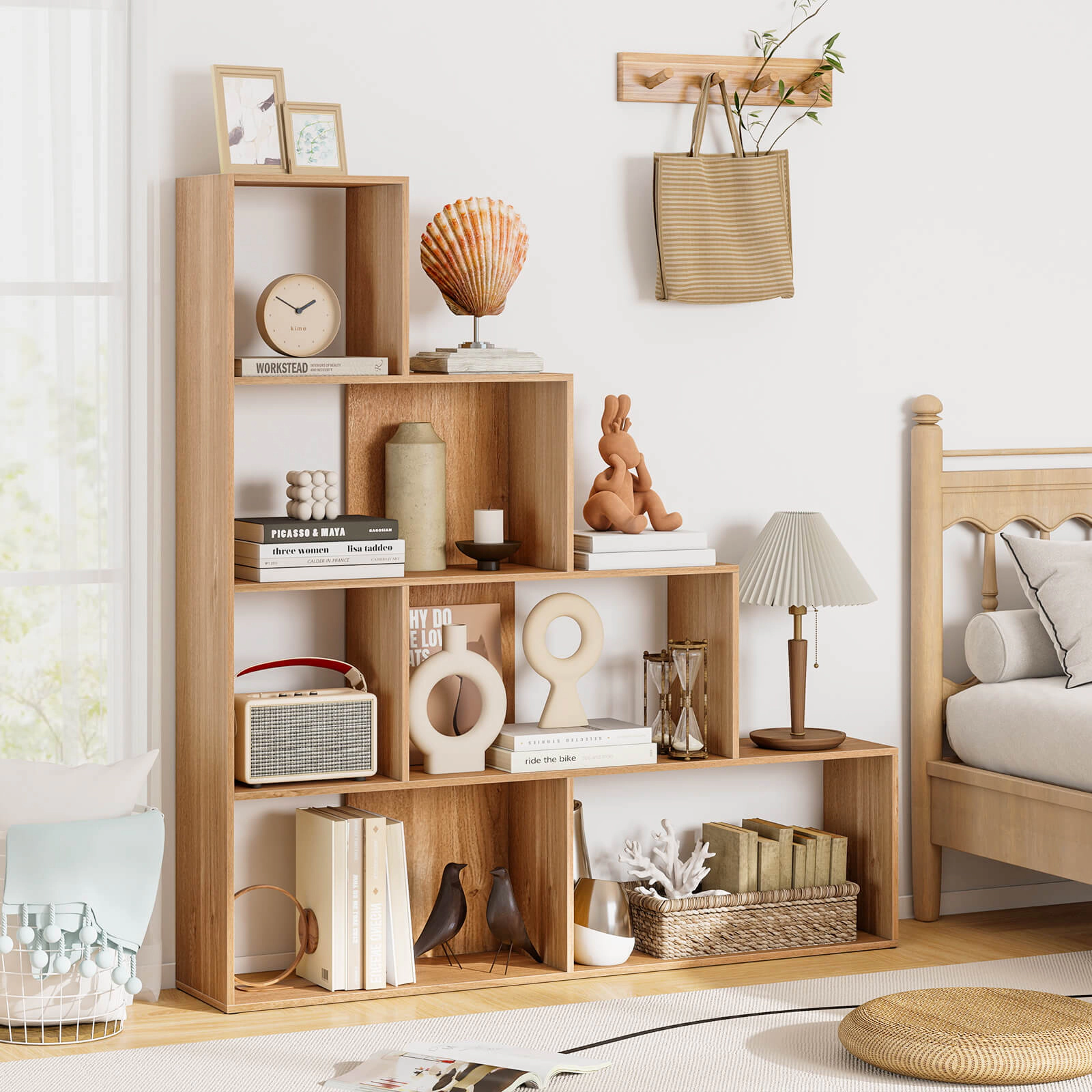 Costway 6 Cubes Ladder Shelf Freestanding Corner Bookshelf Storage Bookcase Display Rack White