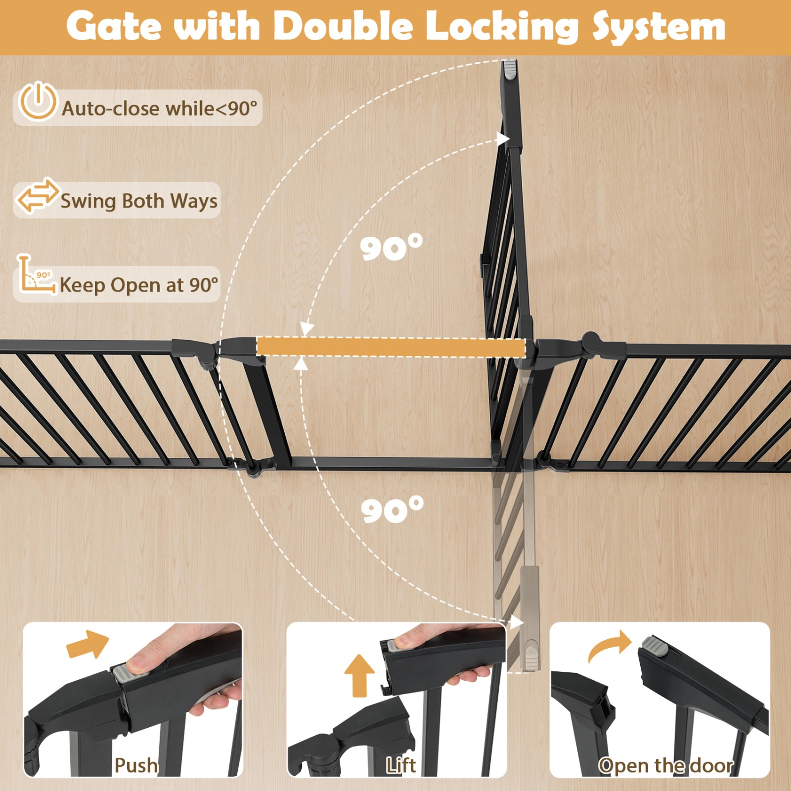 SUGIFT 8-Panel Extra Wide Pet Safety Gate Black with Auto-Close Lockable Door