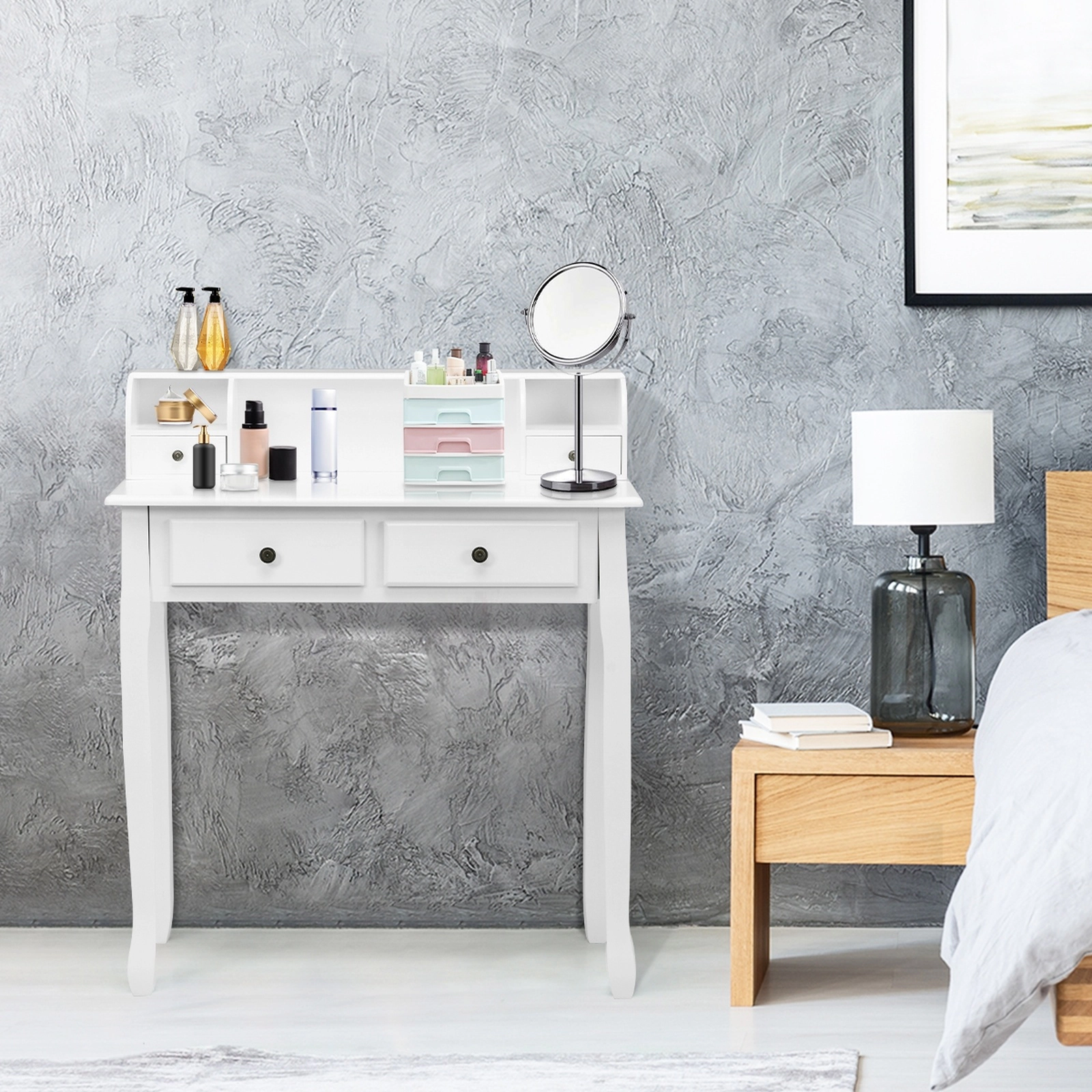SUGIFT 31.5 in Writing Desk White 2-Tier Vanity Desk with 4 Drawers and Hutch
