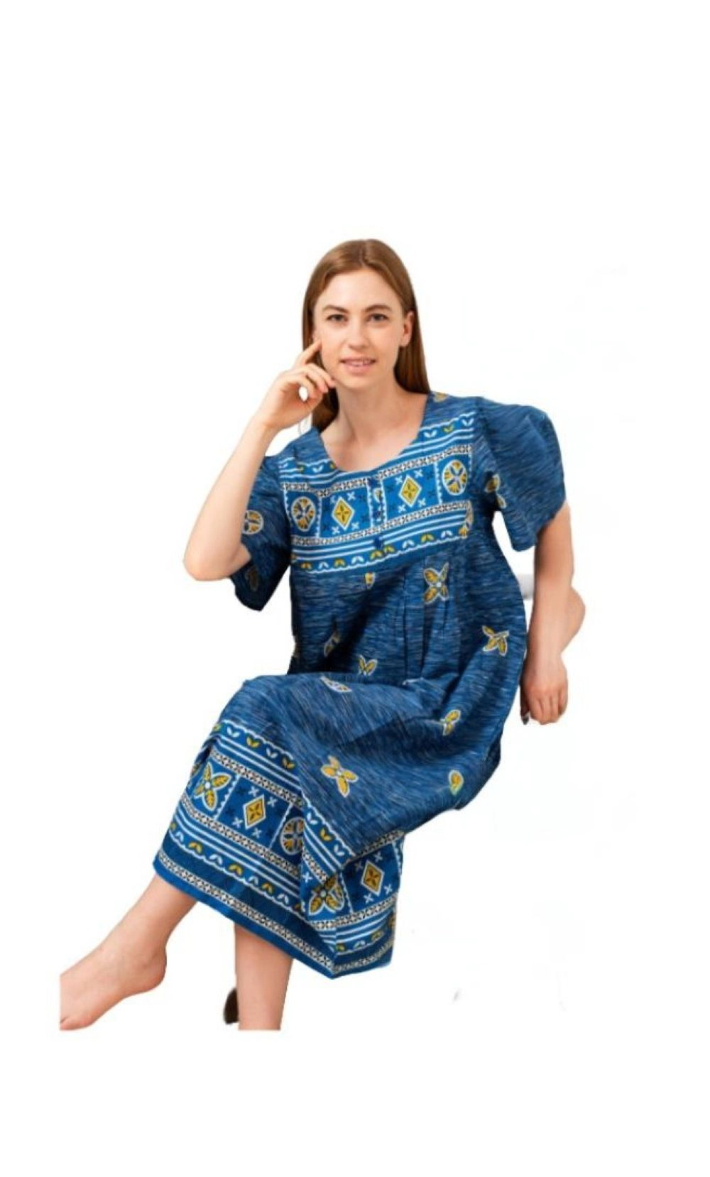 Loungees Border Print Cotton Lounge Dress House Caftan 3 Button Bib Yoke Short Sleeve