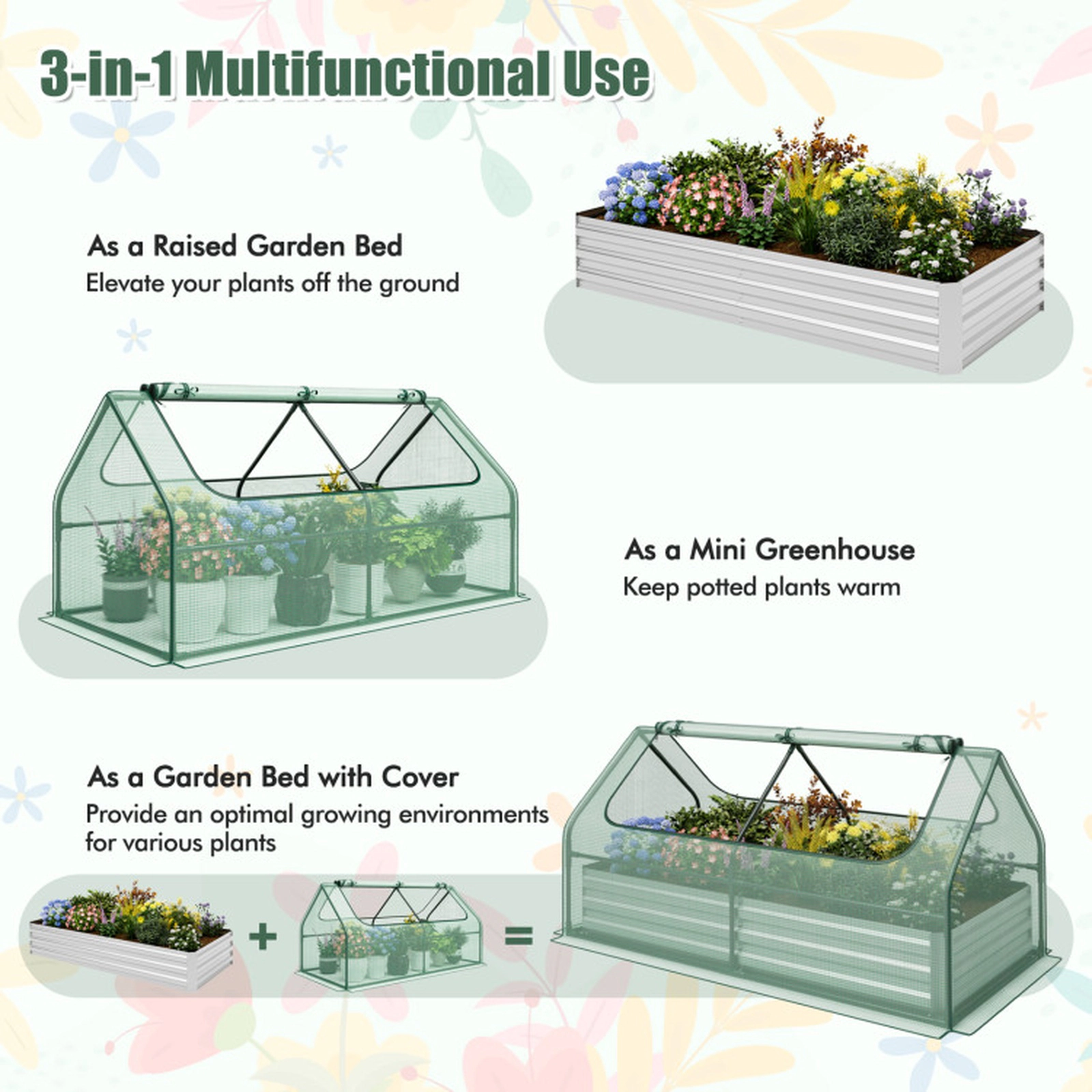 SUGIFT 6-ft x 3-ft Green Galvanized Raised Garden Bed with PVC Greenhouse Cover and 2 Roll-Up Windows