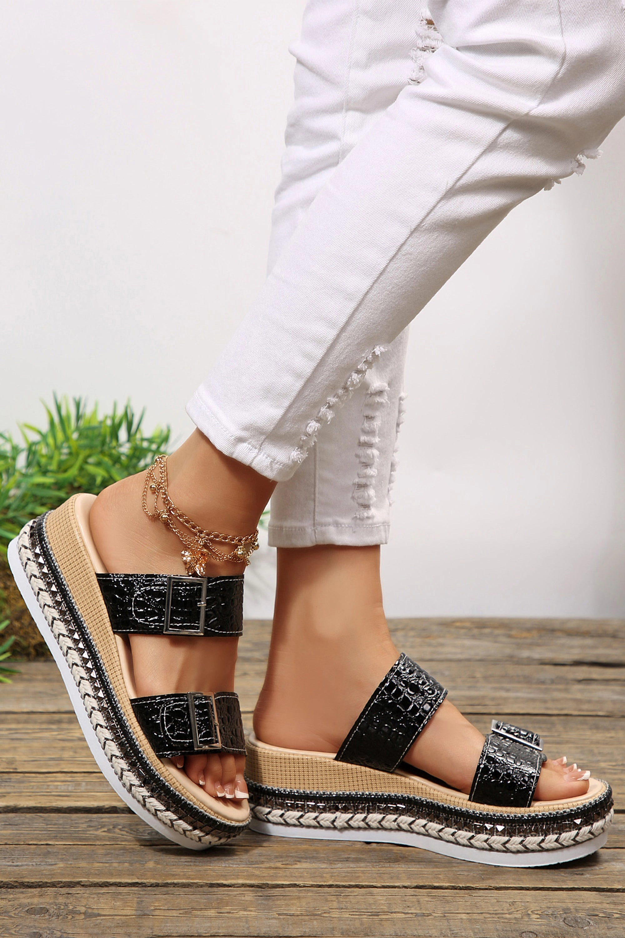 Threaded Pear Womens Tess Wedge Platform Slippers - Slip-On PU Leather, Low