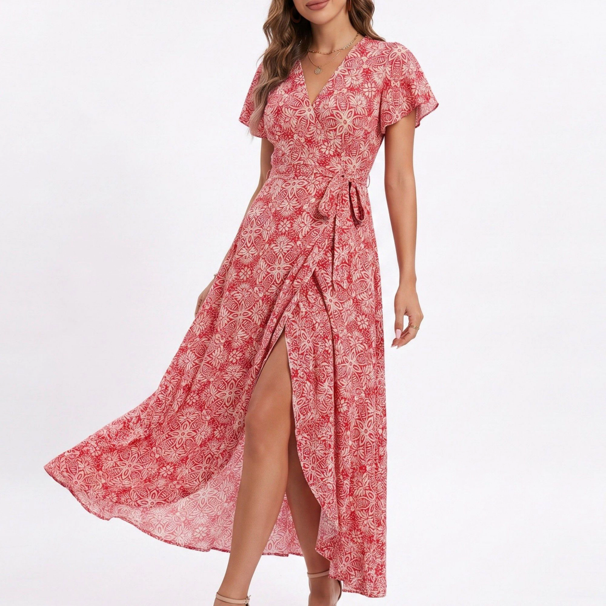 Anna-Kaci Women's Floral Print Wrap V-Neck Short Flutter Sleeves Tie Waist Front Slit Maxi Dress