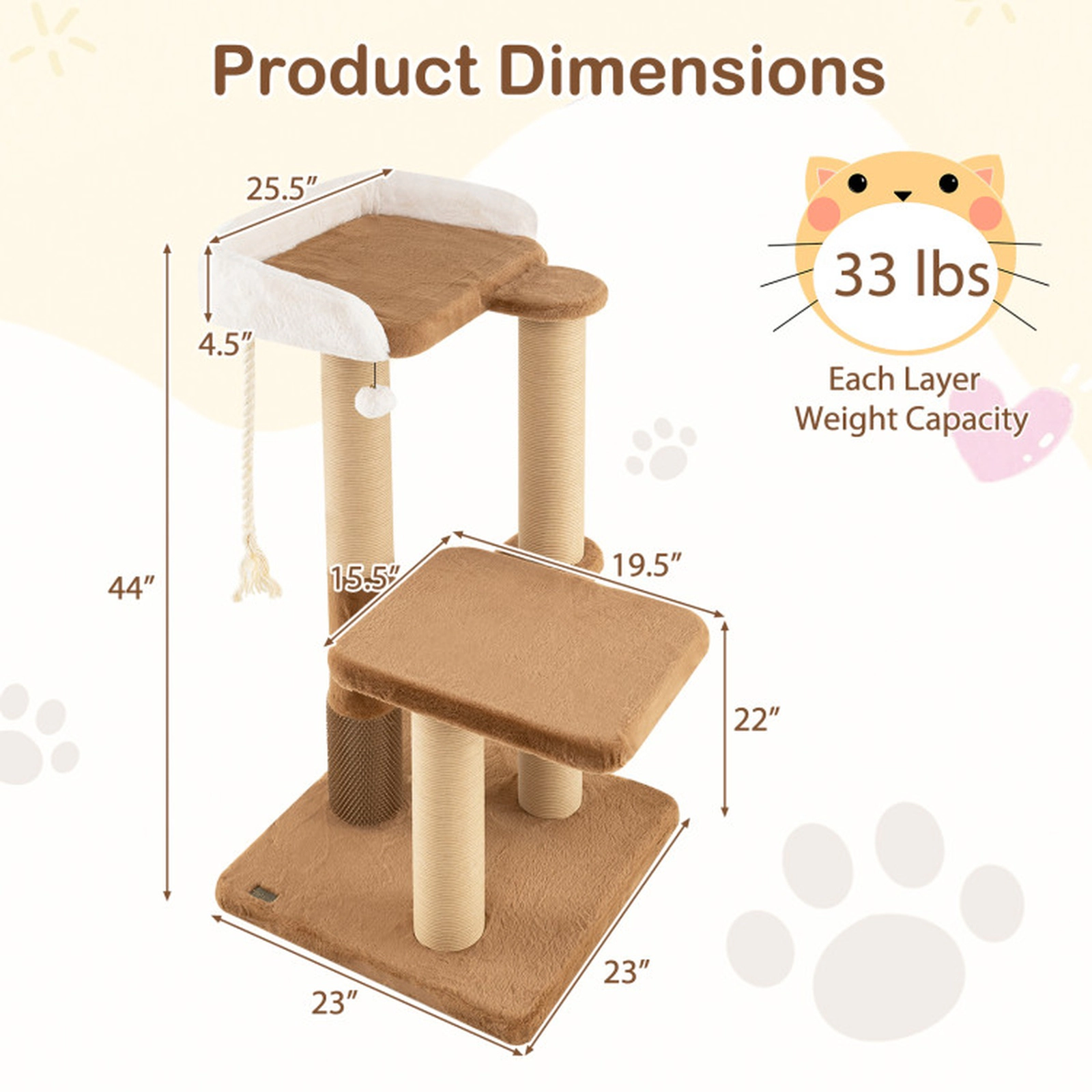 SUGIFT Caramel 44-in 33-lb Per Layer Cat Tree with 4.5-in Thick Posts Plush Perch and Dangling Ball
