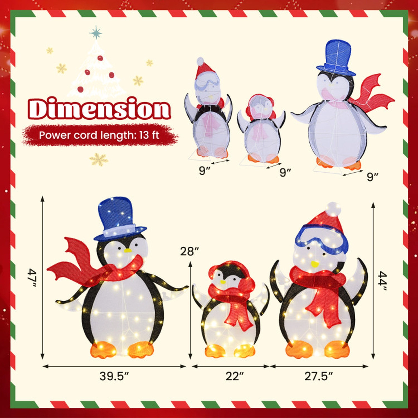 SUGIFT 3-Piece Multicolor 2D Lighted Penguin Family with 160 LED Lights 47-in H Dad 44-in H Mom 28-in H Baby