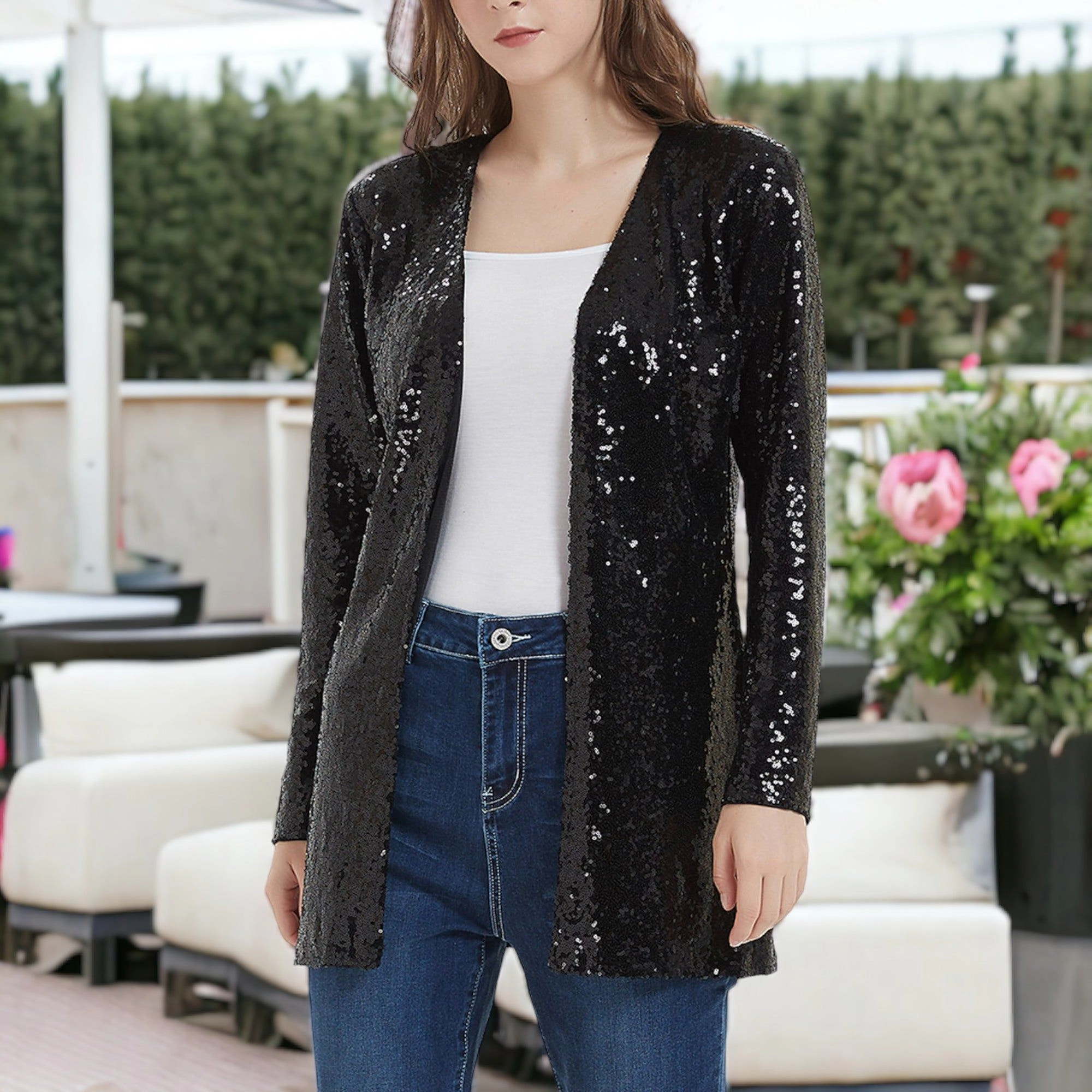 Anna-Kaci Women's Sequin Jacket Open Front Blazer