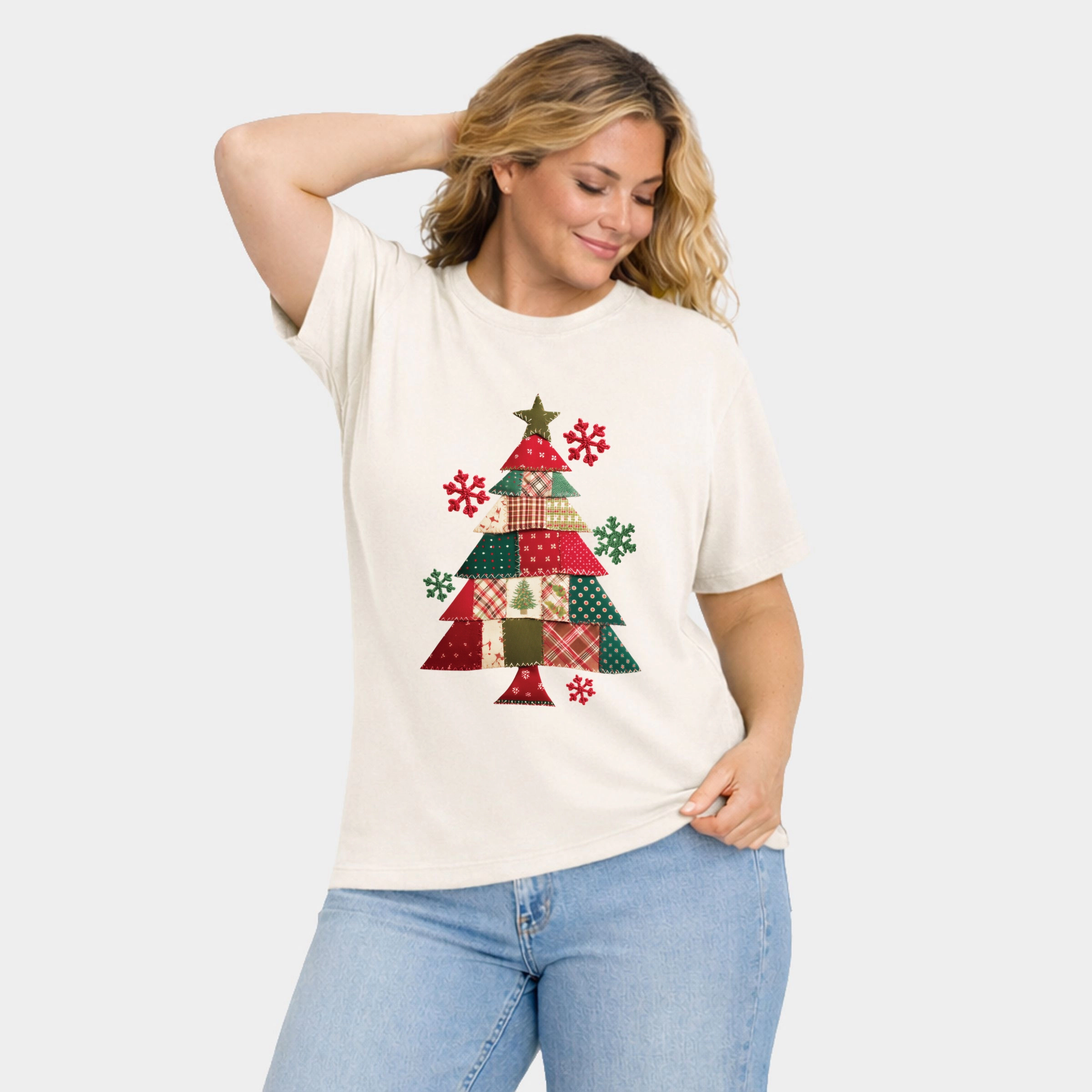 Simply Sage Market - Women's Plus Garment Dyed Tee Christmas Tree Patchwork Print