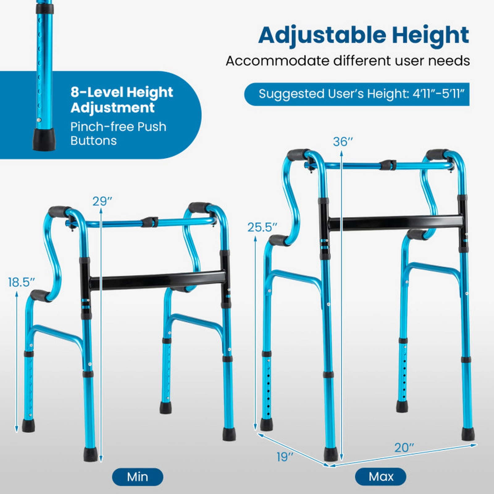 SUGIFT Folding Aluminum Walker, 400 lb Capacity, 8 Adjustable Heights
