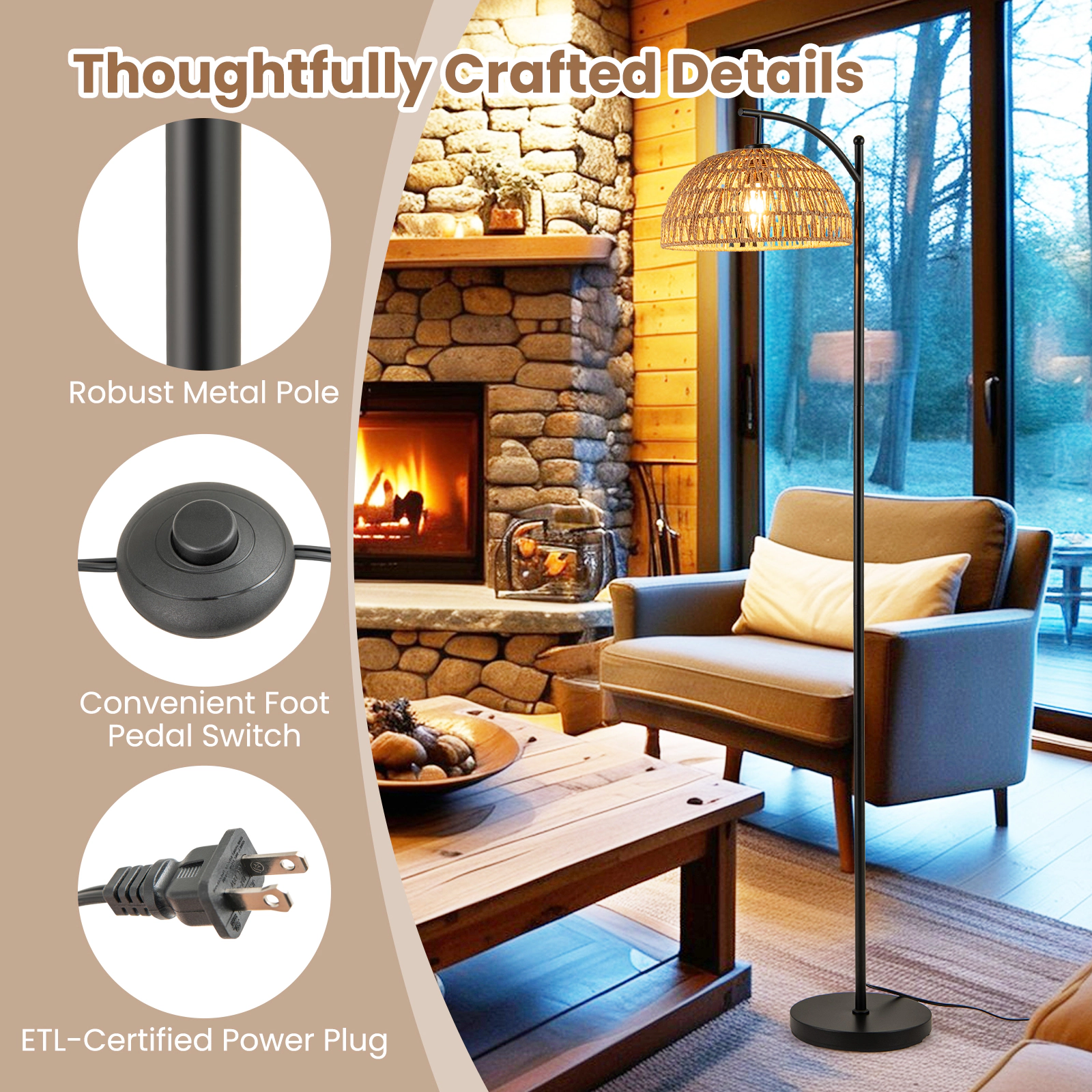 SUGIFT 63-in Tall Metal Arc Floor Lamp with Hanging Paper Rope Lampshade E26 Socket Foot Switch Black