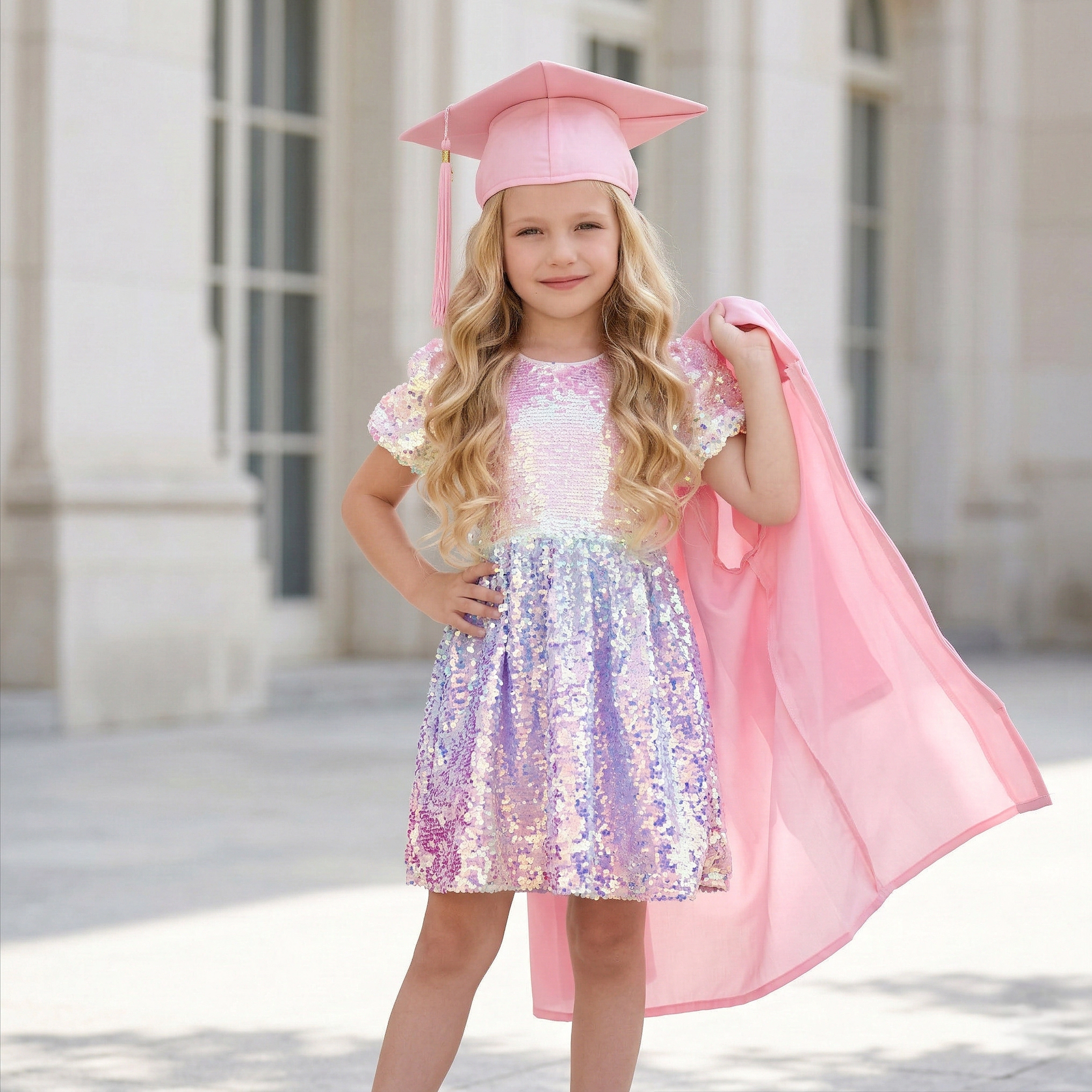 2Bunnies Girls Ombre Sequin Puff Sleeve Fit and Flare Party Dress