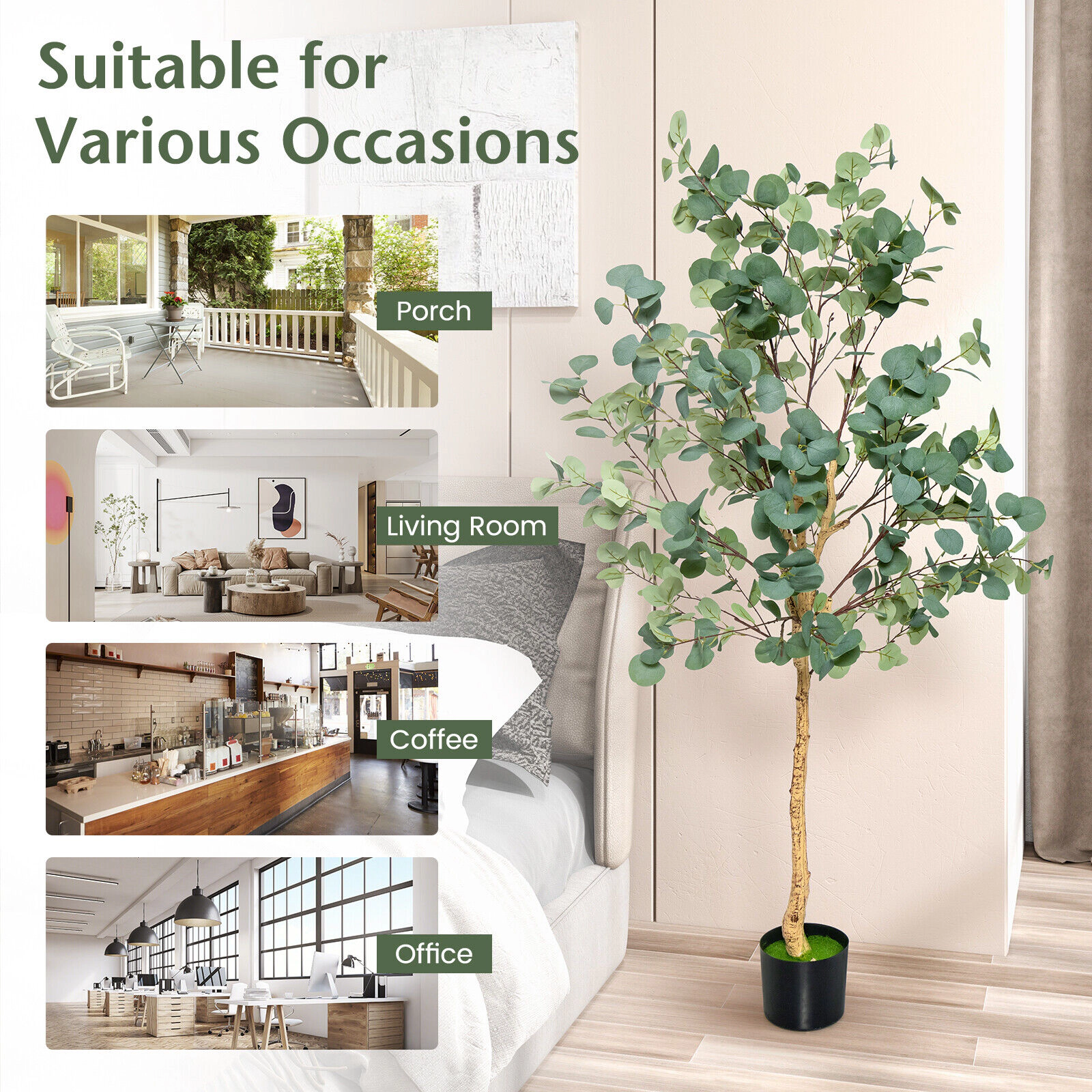 SUGIFT 5.5-ft 517 Leaves 10 Branches Cement-Filled Pot Artificial Eucalyptus Tree 6.5-in x 6-in Pot 6.5-lb Green