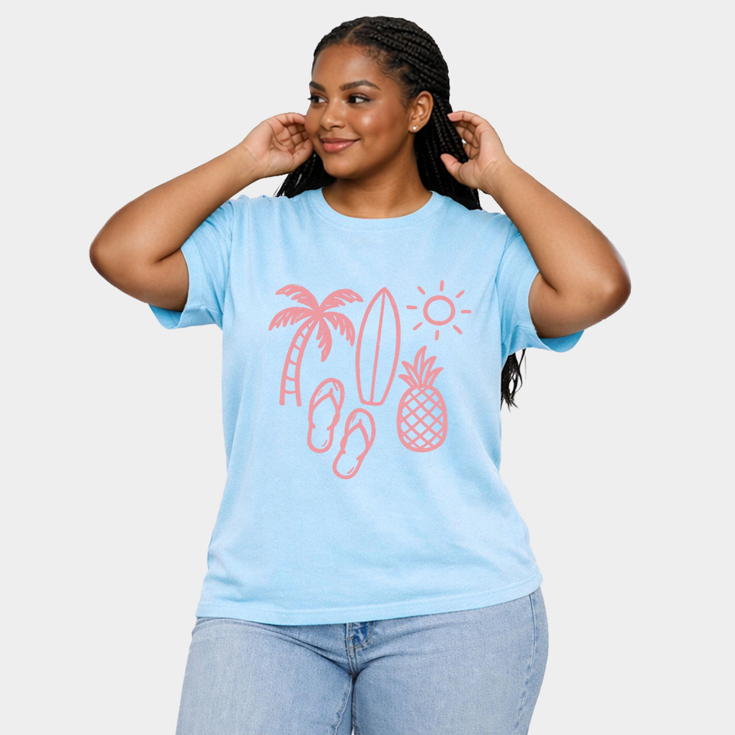 Simply Sage Market - Beach Elements Outline Women's Plus Sized Garment Dyed Graphic T-Shirt