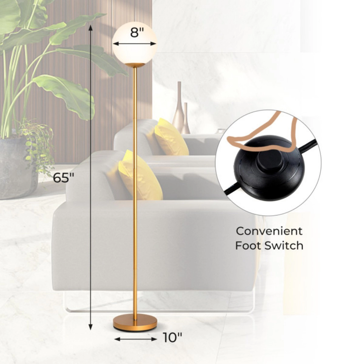 SUGIFT Glass Globe Shade Foot Switch Weighted Base Modern Floor Lamp 65-in Tall 9-in Diameter 60W Max E26 Golden