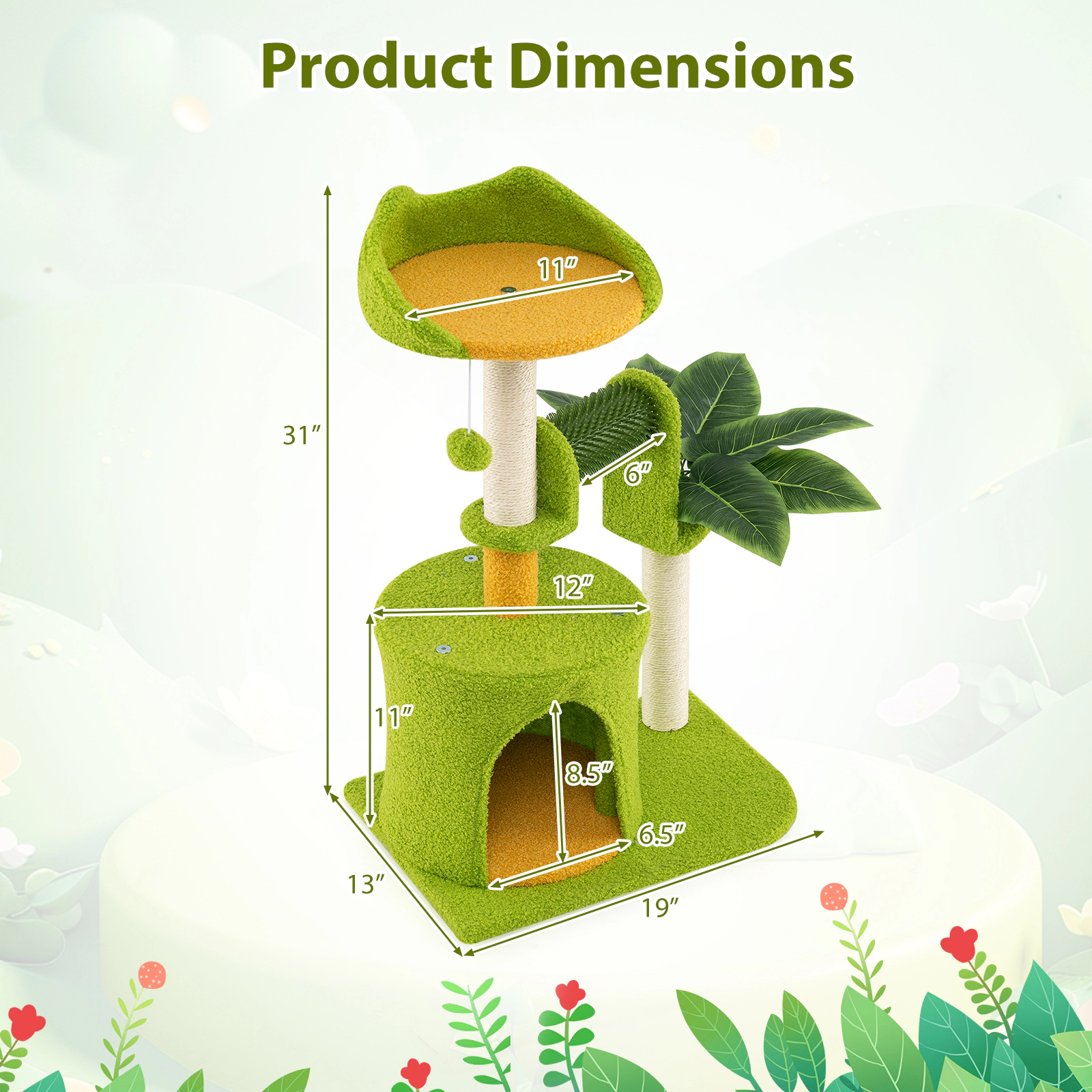 SUGIFT Green Palm Cat Tree for Indoor Cats with Artificial Leaves and Self-Groomer