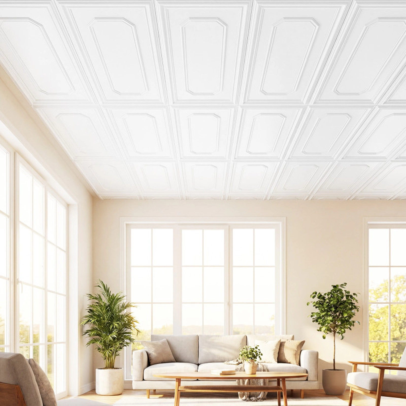 SUGIFT 12-Piece 3D PVC Ceiling Covering Panels 48 x 24 in Each Paintable Easy-Clean White Set for Grid or Glue