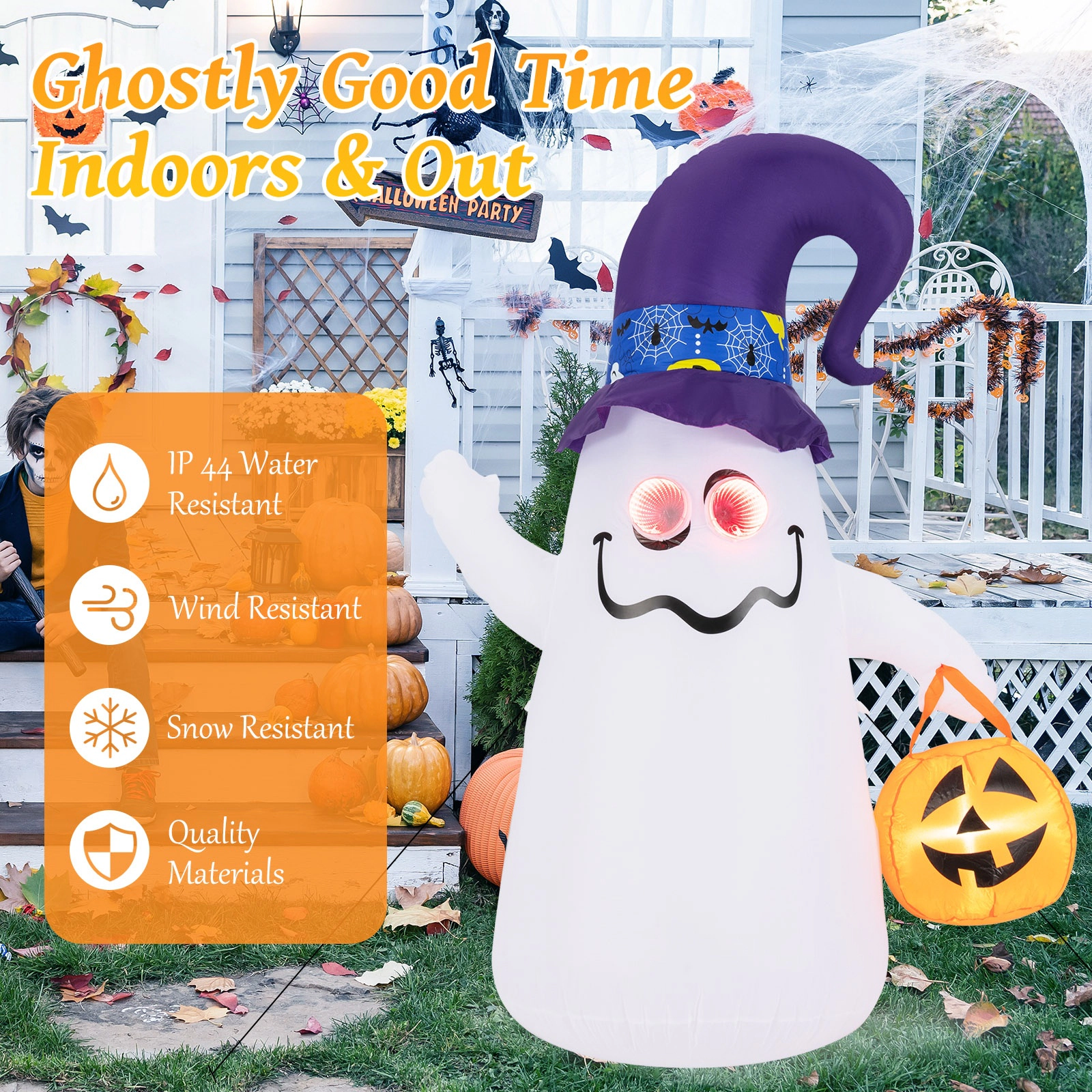 SUGIFT White 6-ft Halloween Inflatable Ghost with Jack-o-Lantern and LED Tunnel Lights 4.3-ft W 2.4-ft D 6-ft H